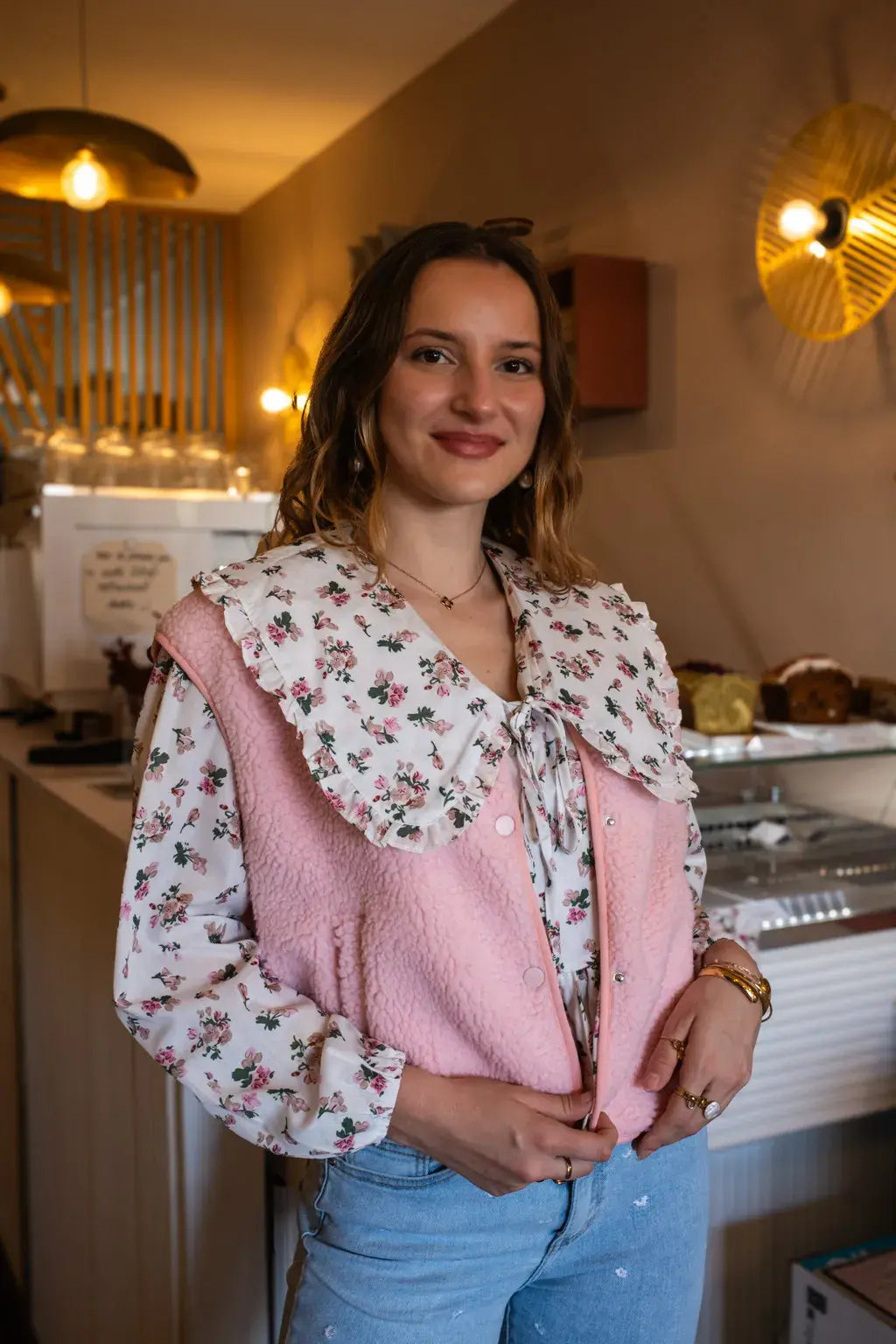 Gilet moumoute Elise rose poudré