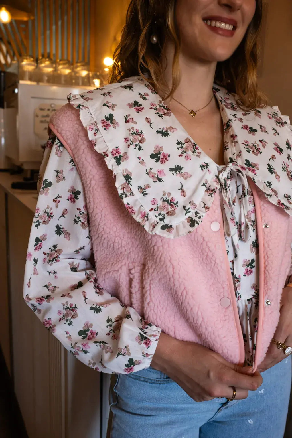 Gilet moumoute Elise rose poudré