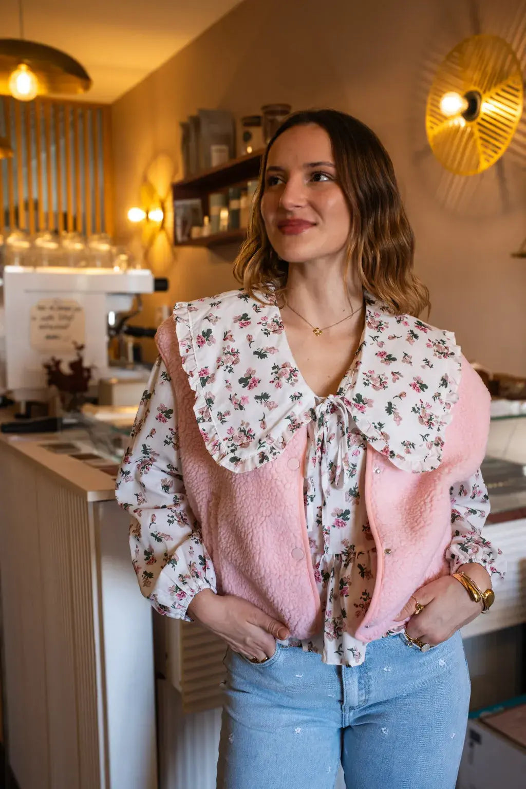 Gilet moumoute Elise rose poudré