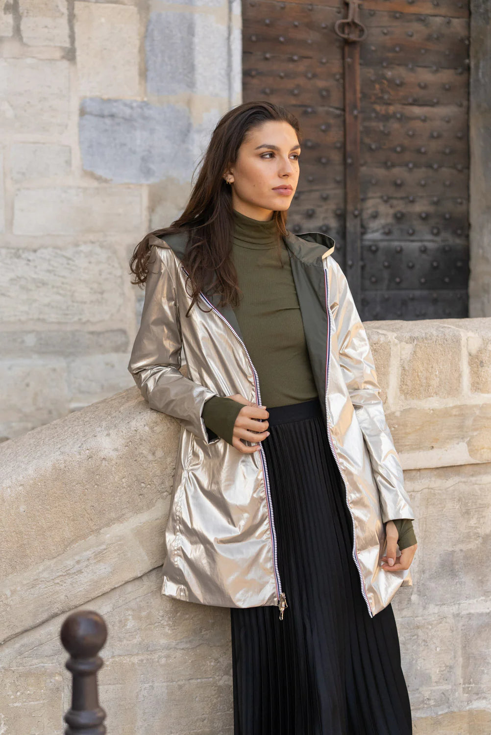 Imperméable réversible Laura Jo kaki/dorée - Elena longue - DÉSTOCKAGE taille XL