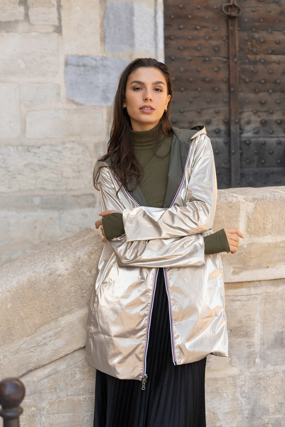 Imperméable réversible Laura Jo kaki/dorée - Elena longue - DÉSTOCKAGE taille XL
