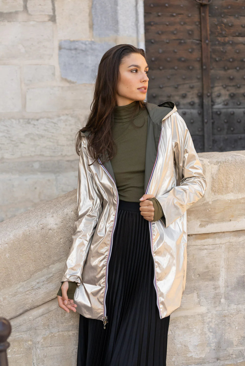 Imperméable réversible Laura Jo kaki/dorée - Elena longue - DÉSTOCKAGE taille XL