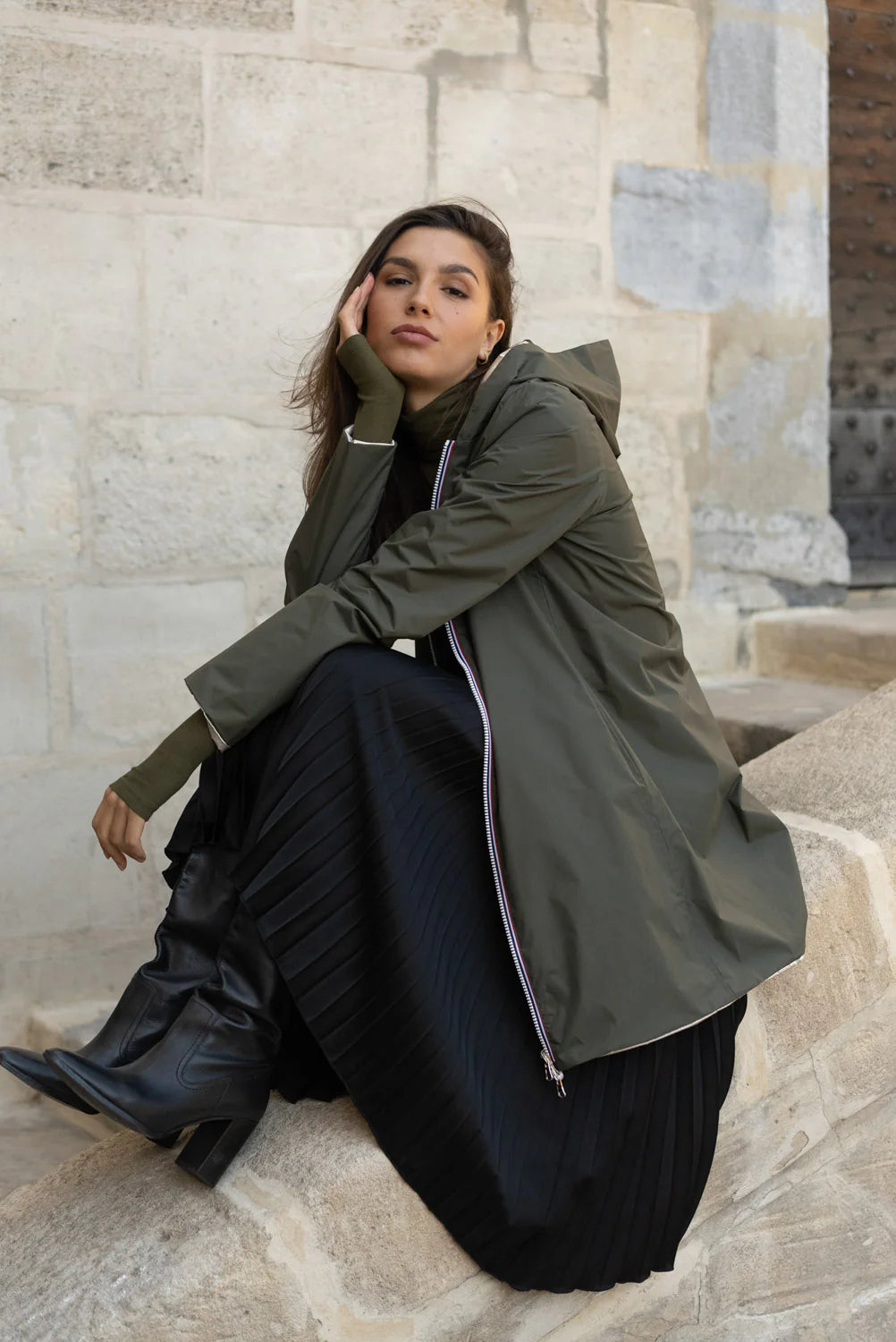 Imperméable réversible Laura Jo kaki/dorée - Elena longue - DÉSTOCKAGE taille XL