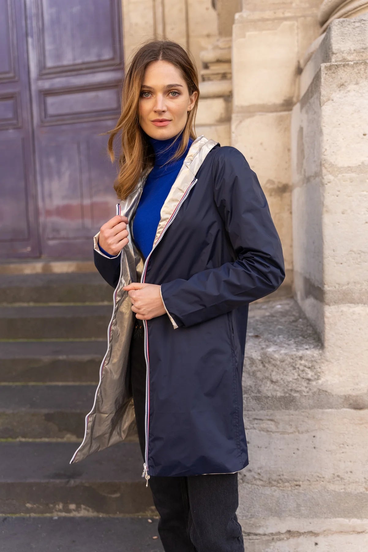 Imperméable réversible Laura Jo marine/dorée - Elena longue - DÉSTOCKAGE taille S