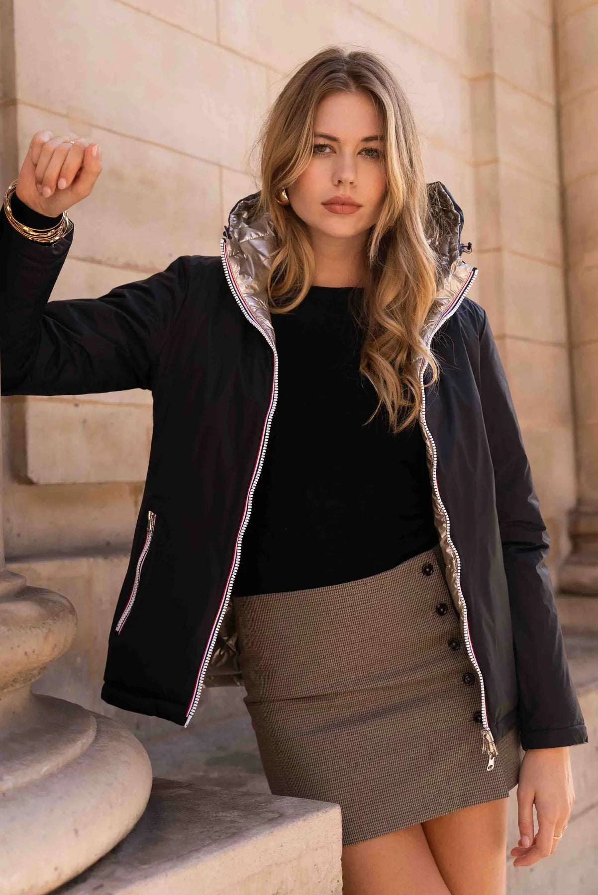 Doudoune réversible imperméable Laura Jo noire/dorée - Amélia courte