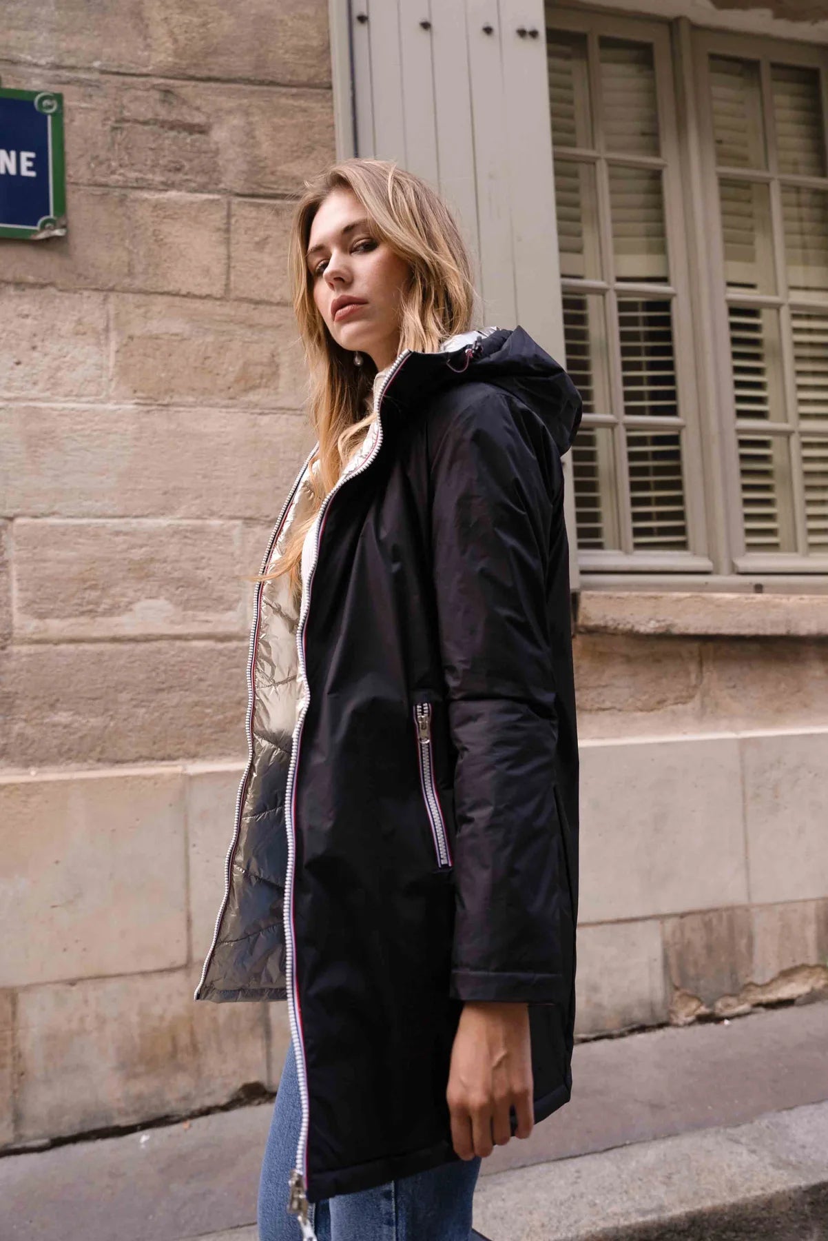 Doudoune réversible imperméable Laura Jo - Amélia noire/dorée longue