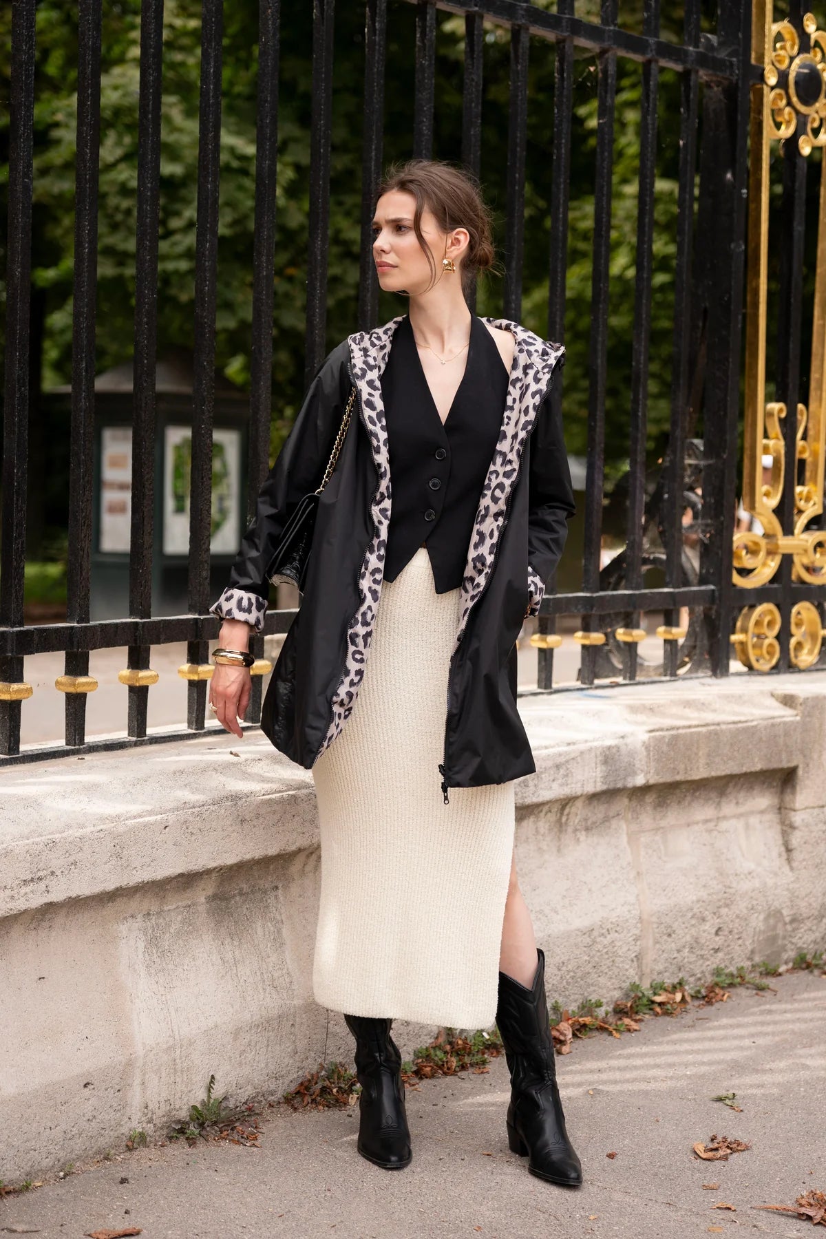 Imperméable rembourré mi-saison Laura Jo noir mat/léopard- Victoria long