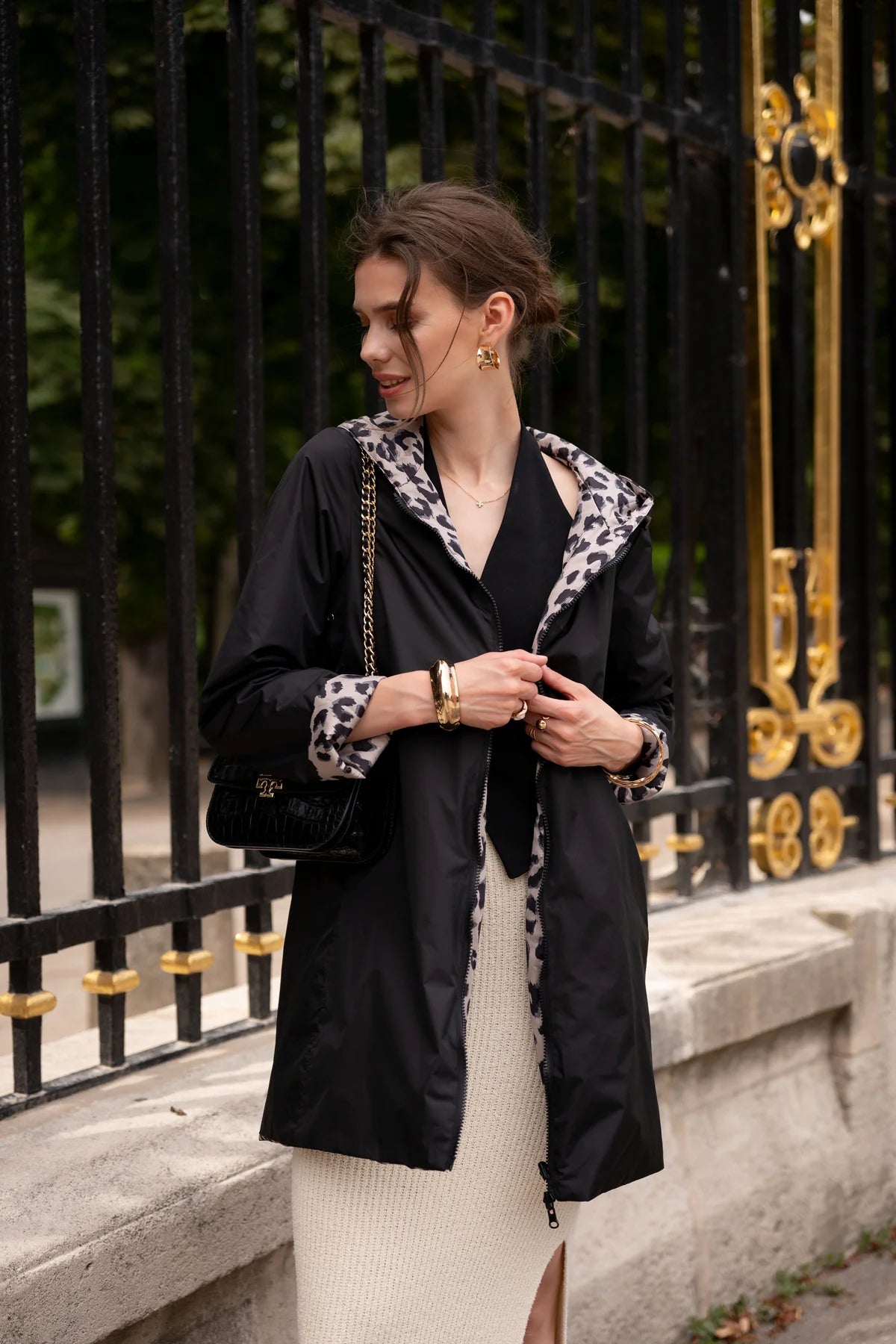 Imperméable rembourré mi-saison Laura Jo noir mat/léopard- Victoria long