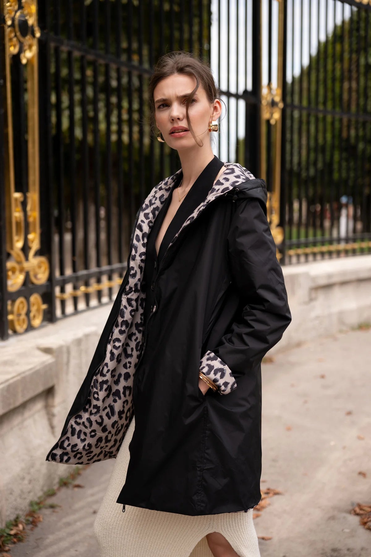 Imperméable rembourré mi-saison Laura Jo noir mat/léopard- Victoria long