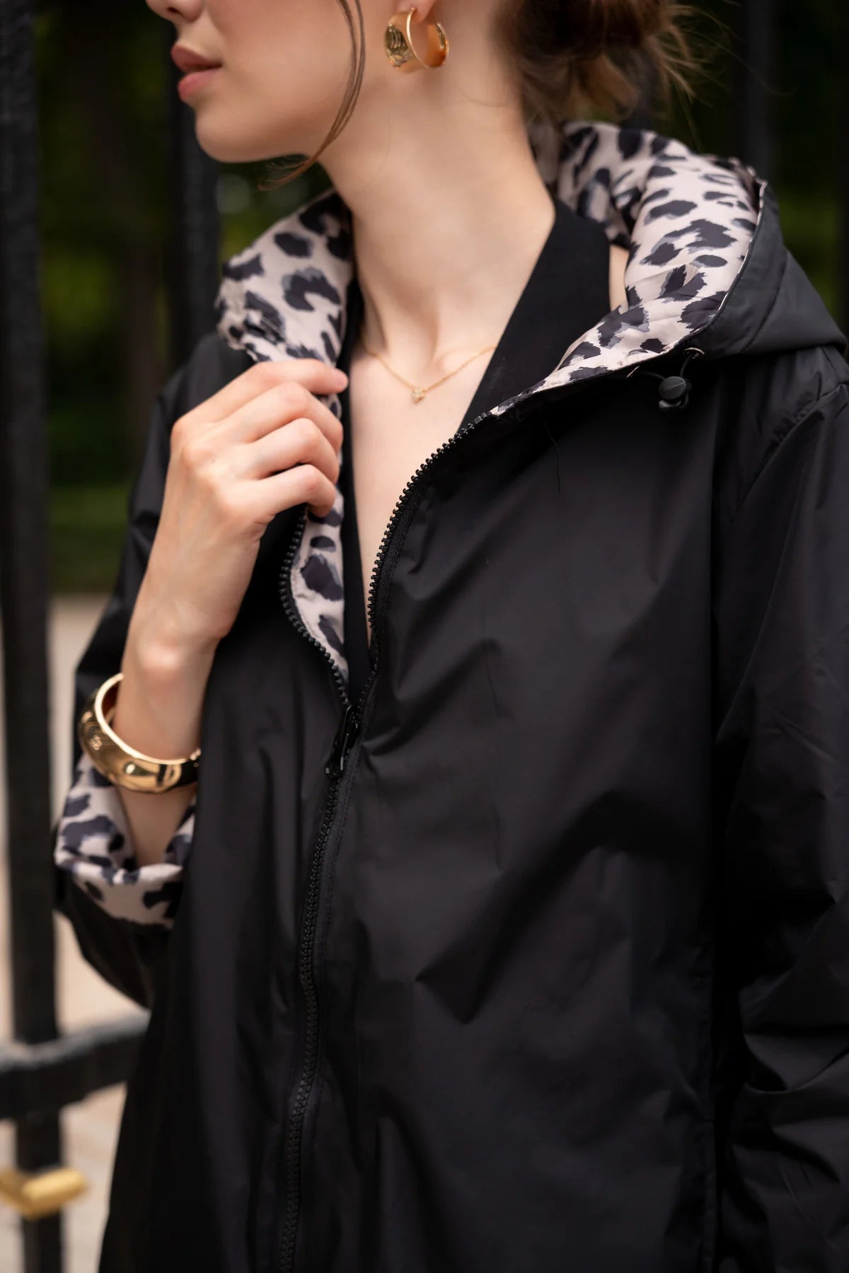 Imperméable rembourré mi-saison Laura Jo noir mat/léopard- Victoria long