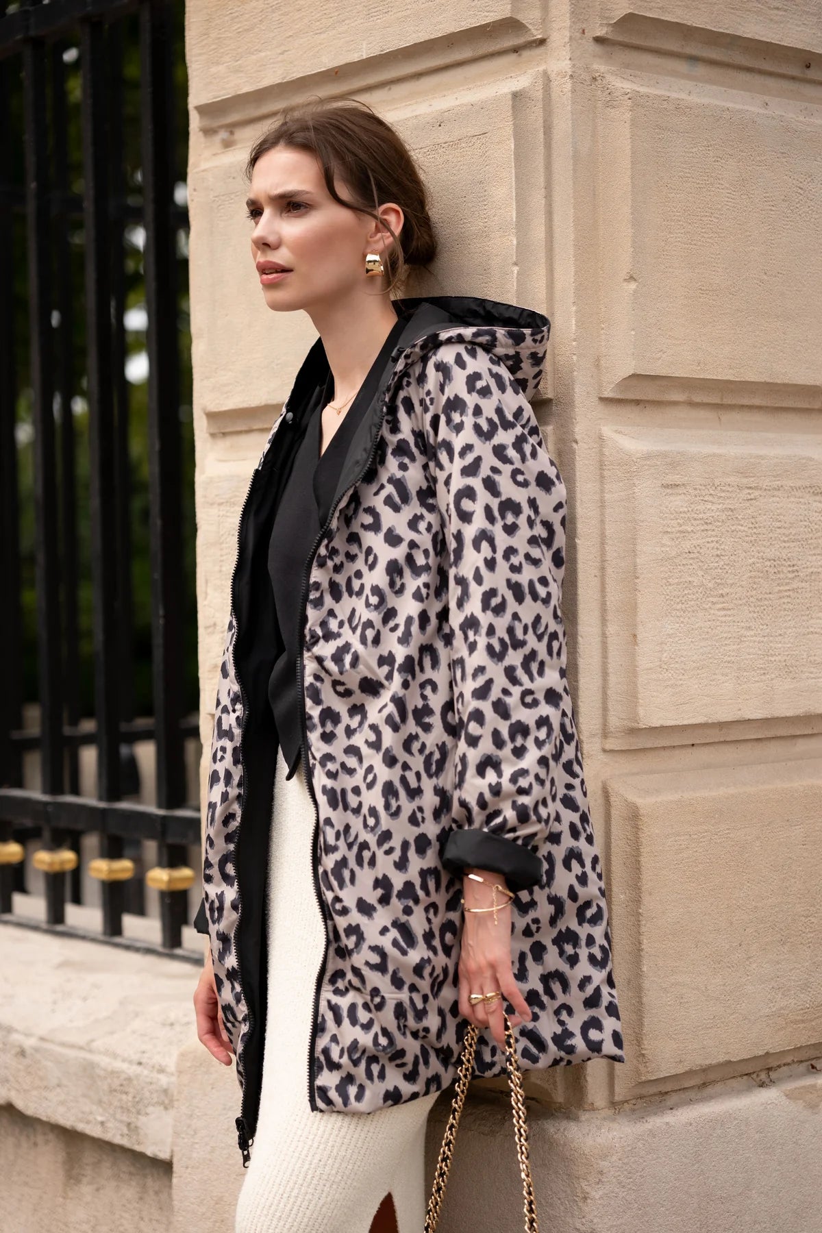 Imperméable rembourré mi-saison Laura Jo noir mat/léopard- Victoria long