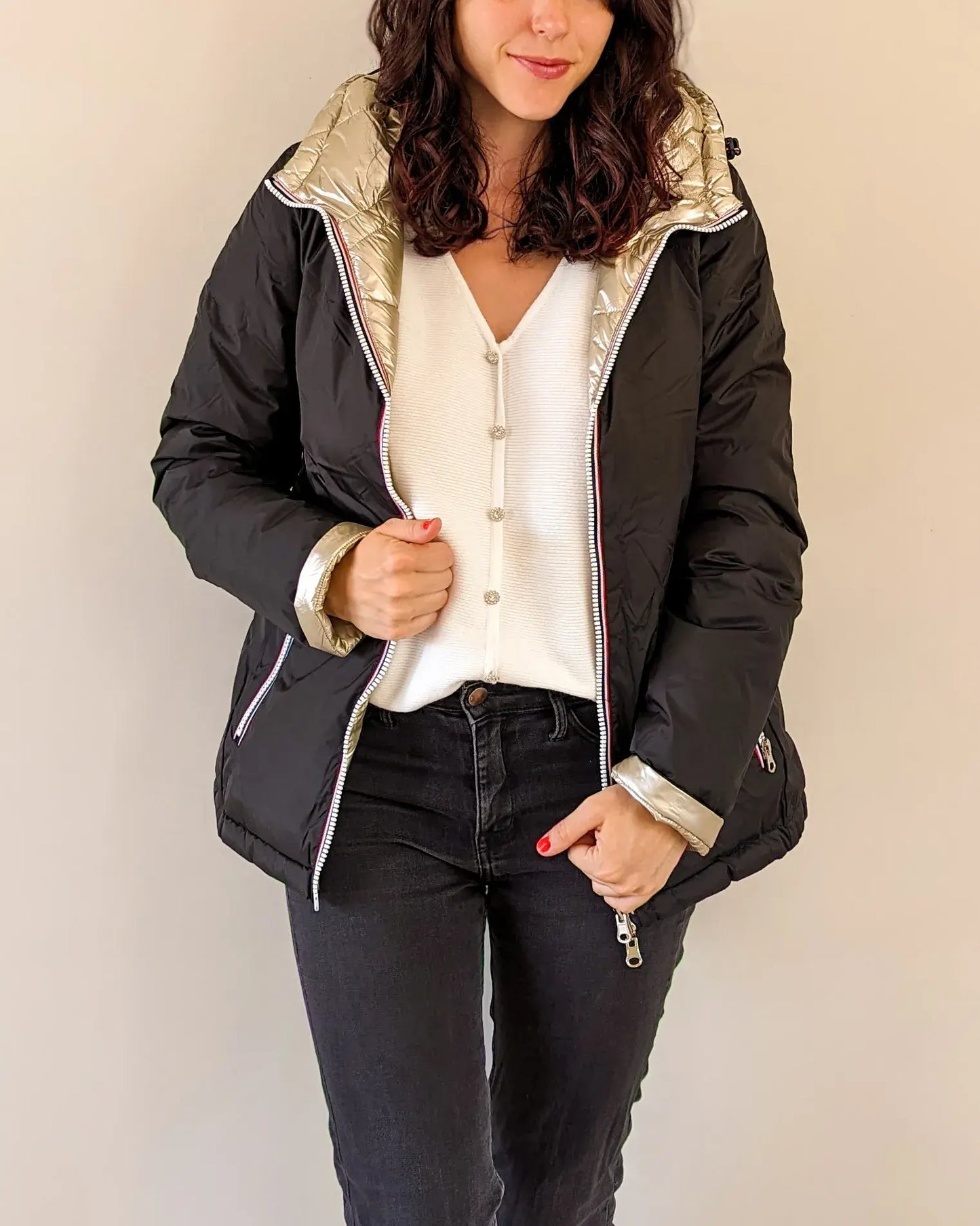 Doudoune réversible imperméable Laura Jo noire/dorée - Amélia courte