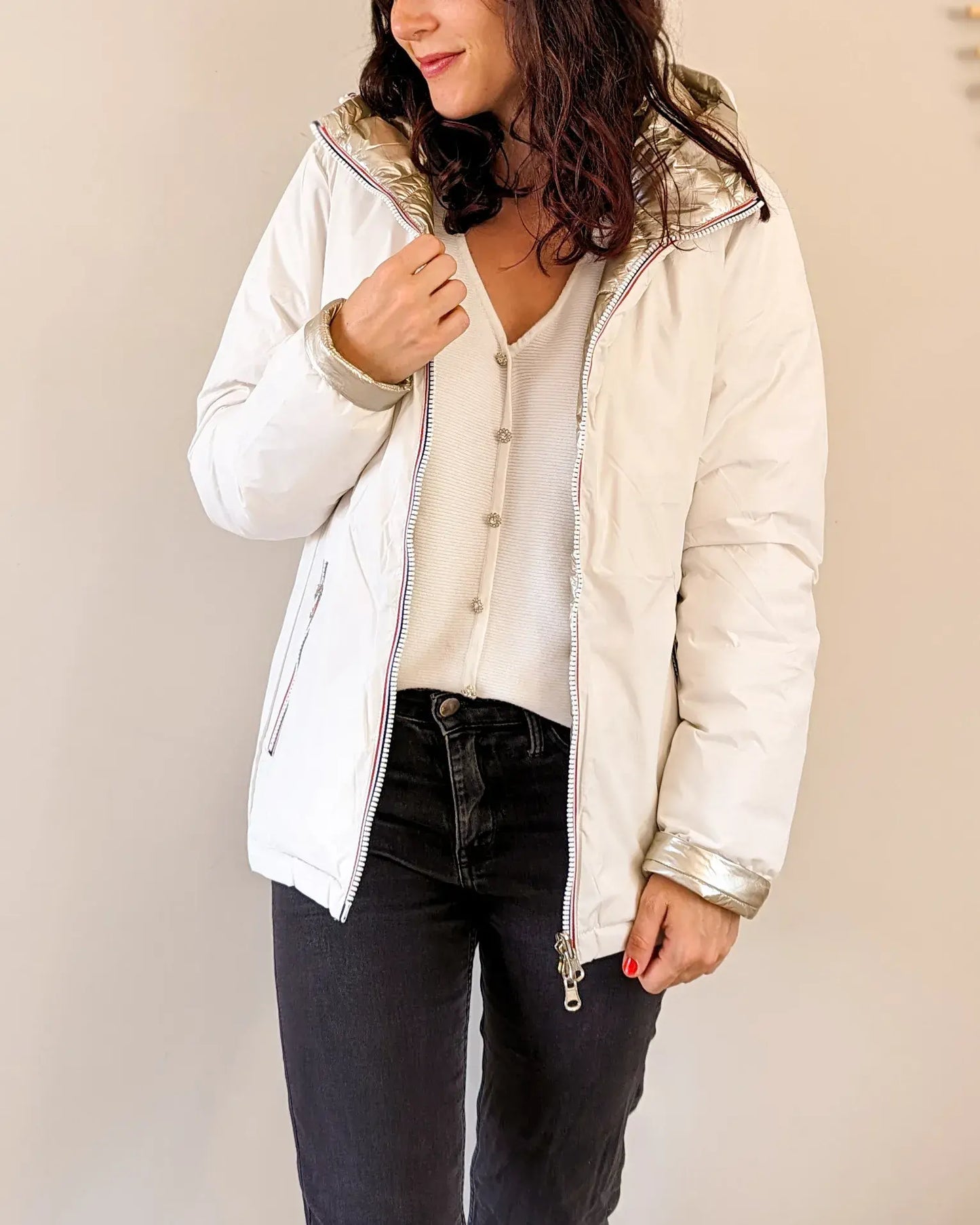 Doudoune réversible imperméable Laura Jo blanche/dorée - Amélia courte