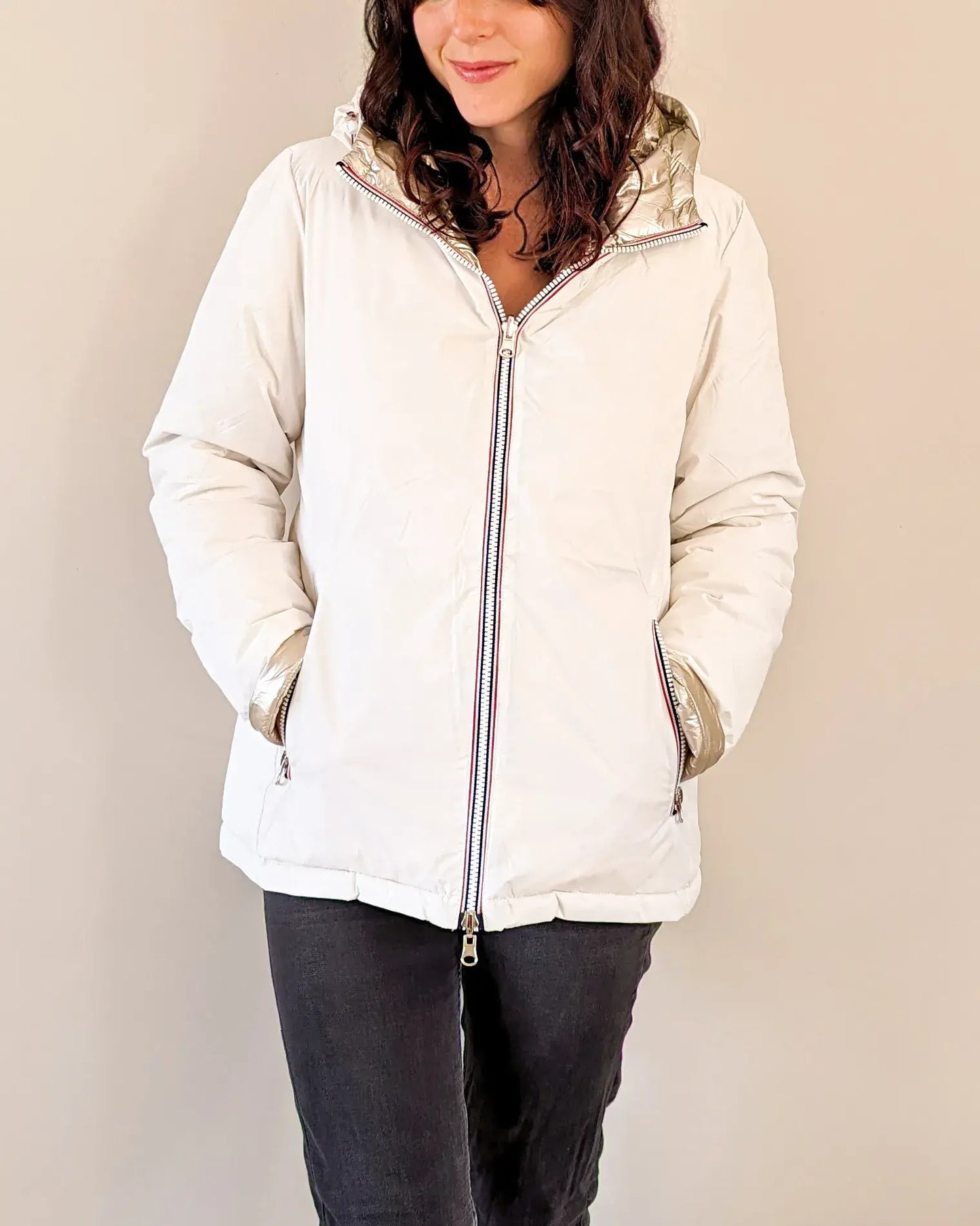Doudoune réversible imperméable Laura Jo blanche/dorée - Amélia courte