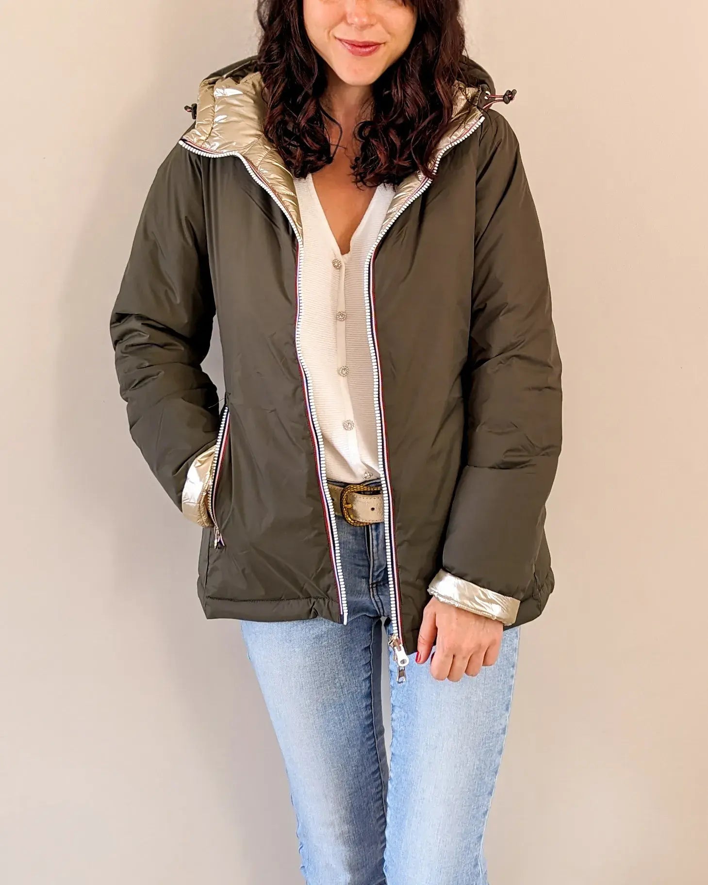 Doudoune réversible imperméable Laura Jo kaki/dorée -Amélia courte - DÉSTOCKAGE taille XL