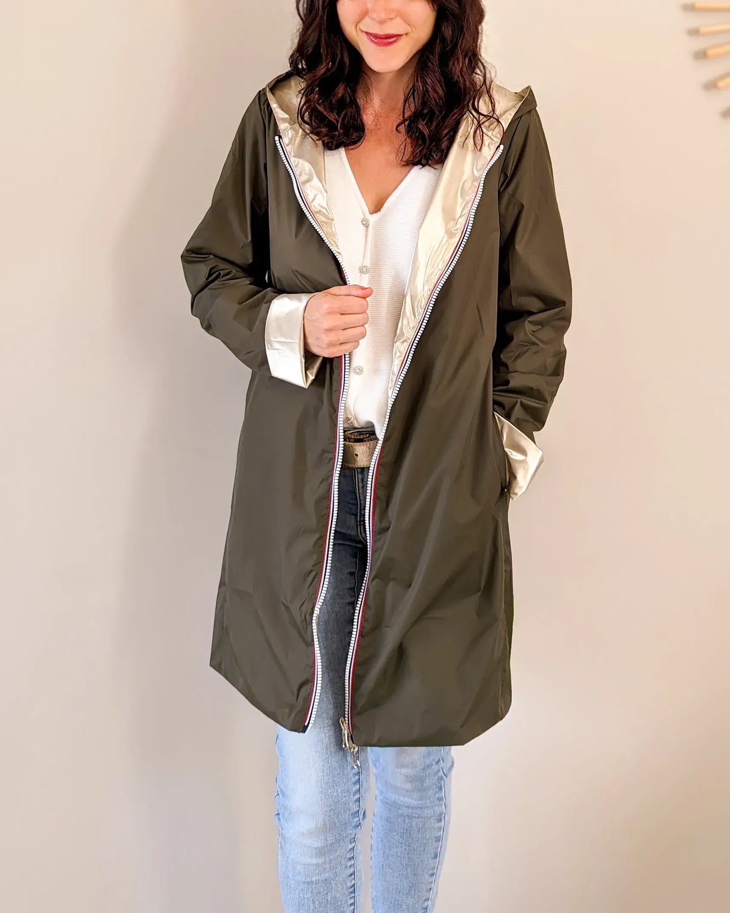 Imperméable réversible Laura Jo kaki/dorée - Elena longue - DÉSTOCKAGE taille XL