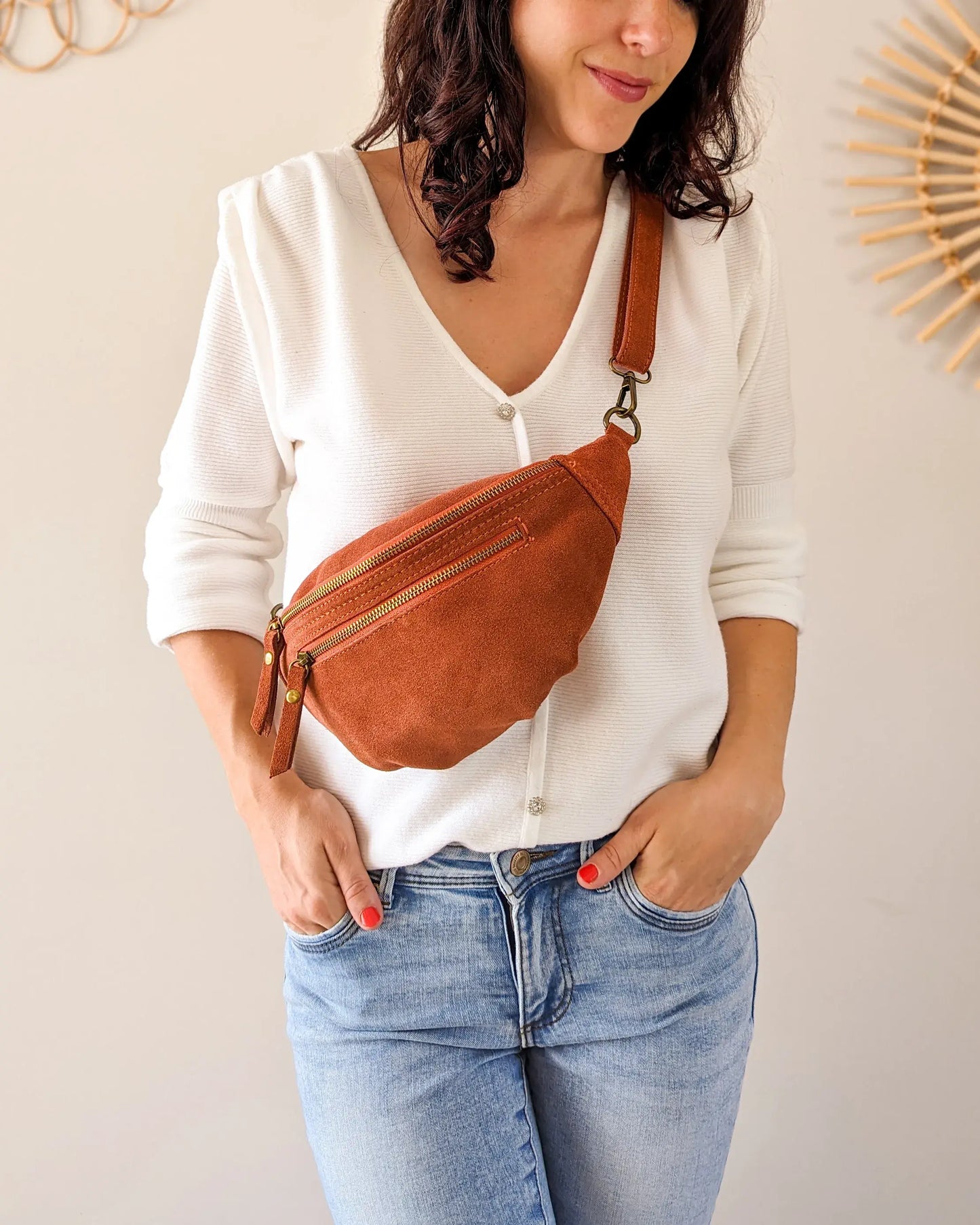 Sac banane en cuir velours - Hunter terracotta