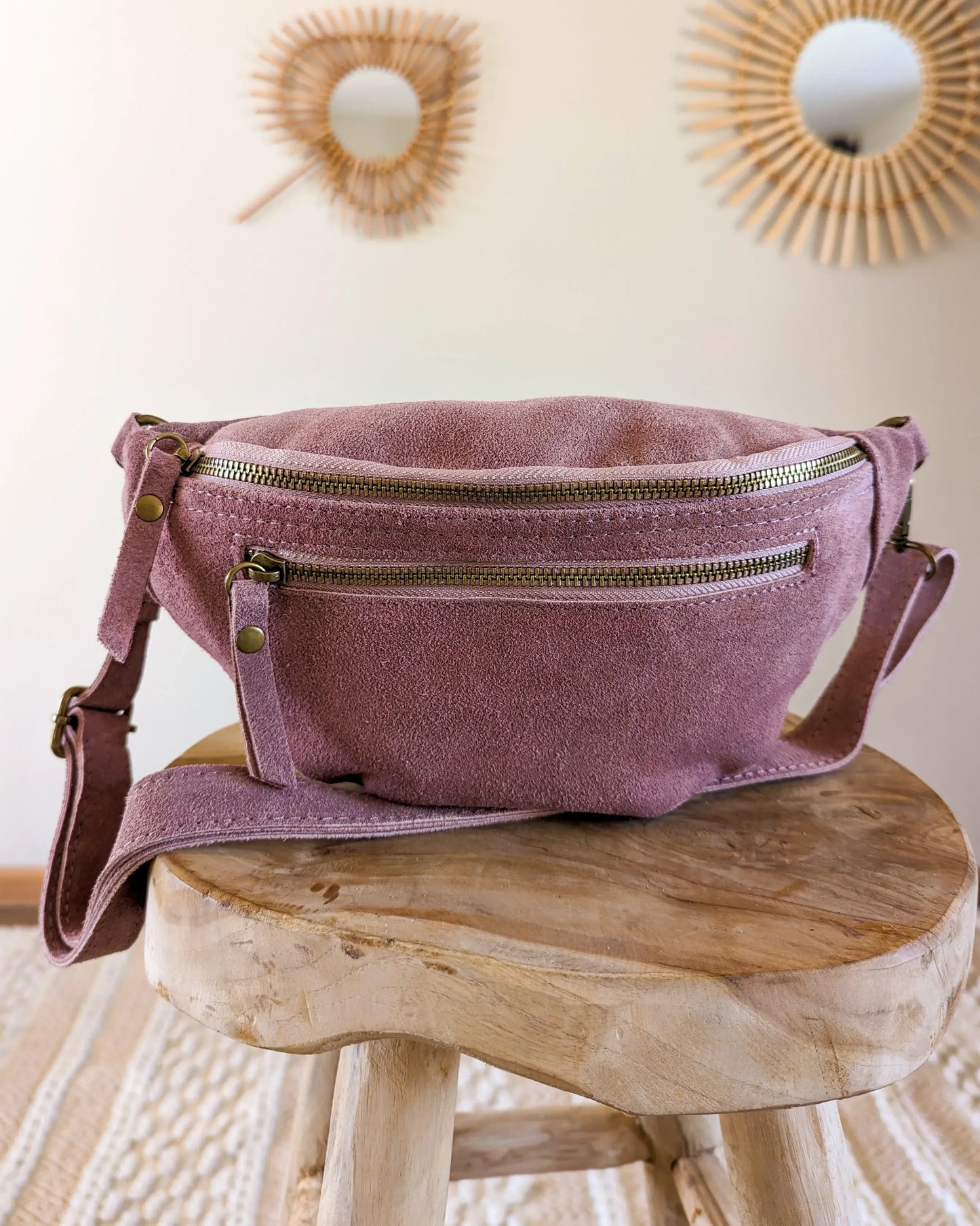 Sac banane en cuir velours - Hunter vieux rose