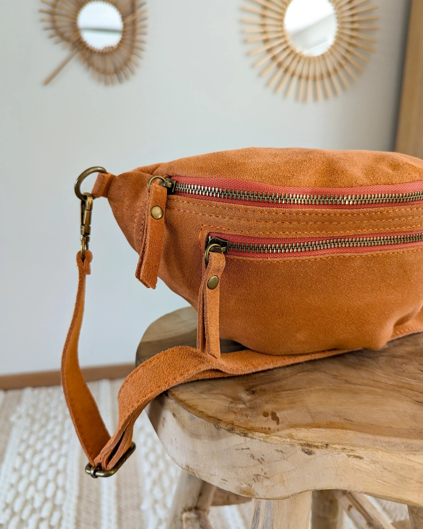 Sac banane en cuir velours - Hunter orange