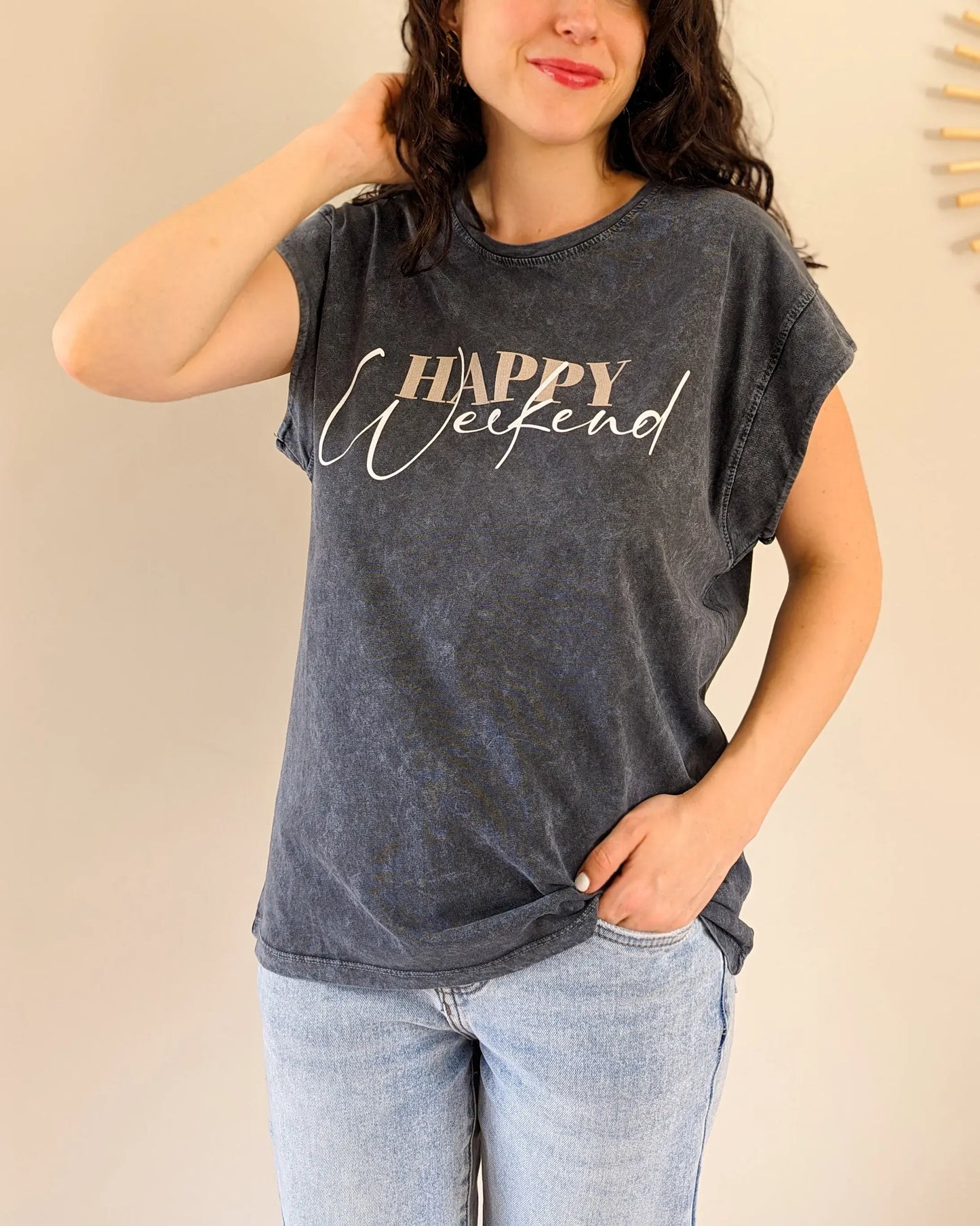 T-shirt gris - Happy weekend