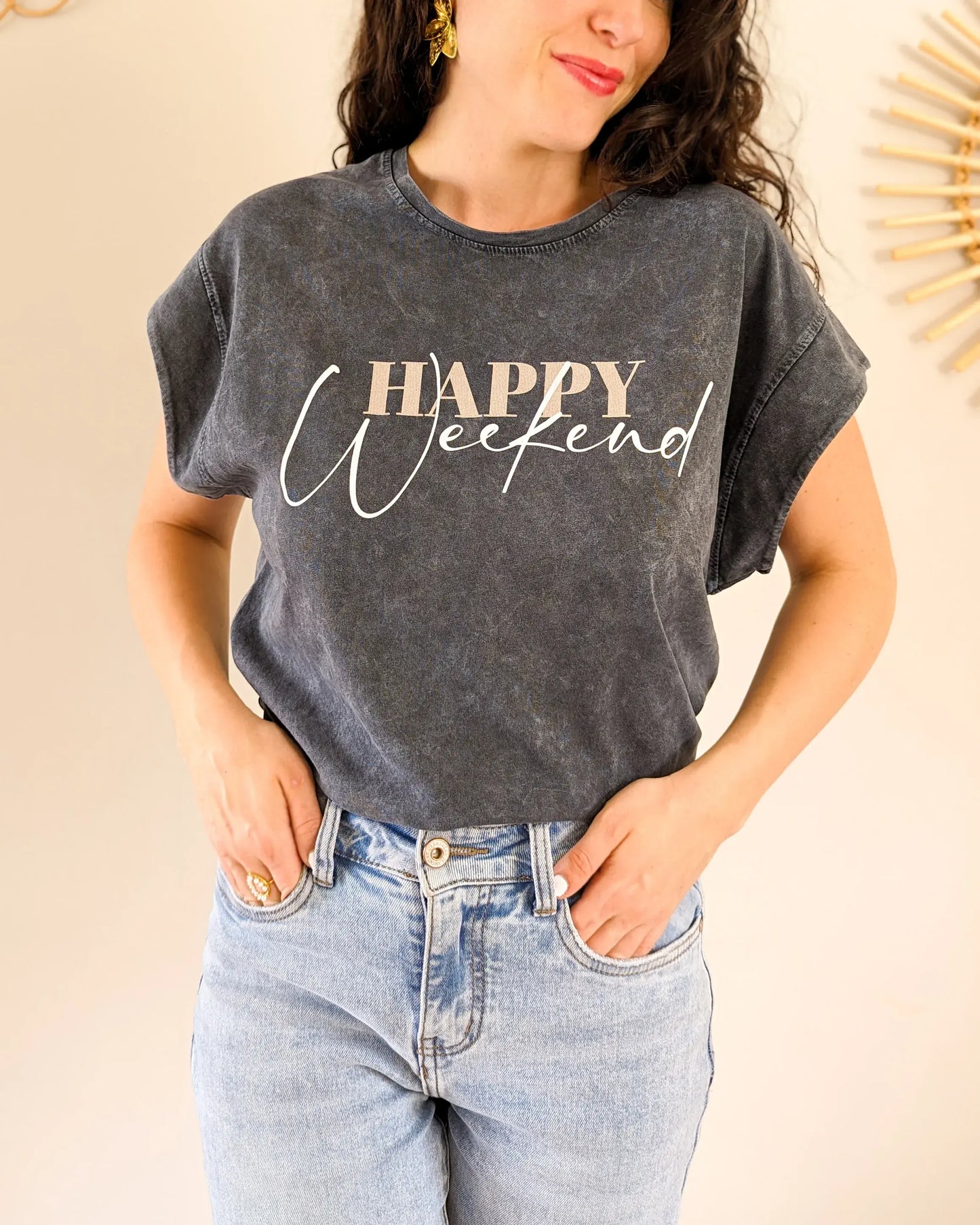 T-shirt gris - Happy weekend