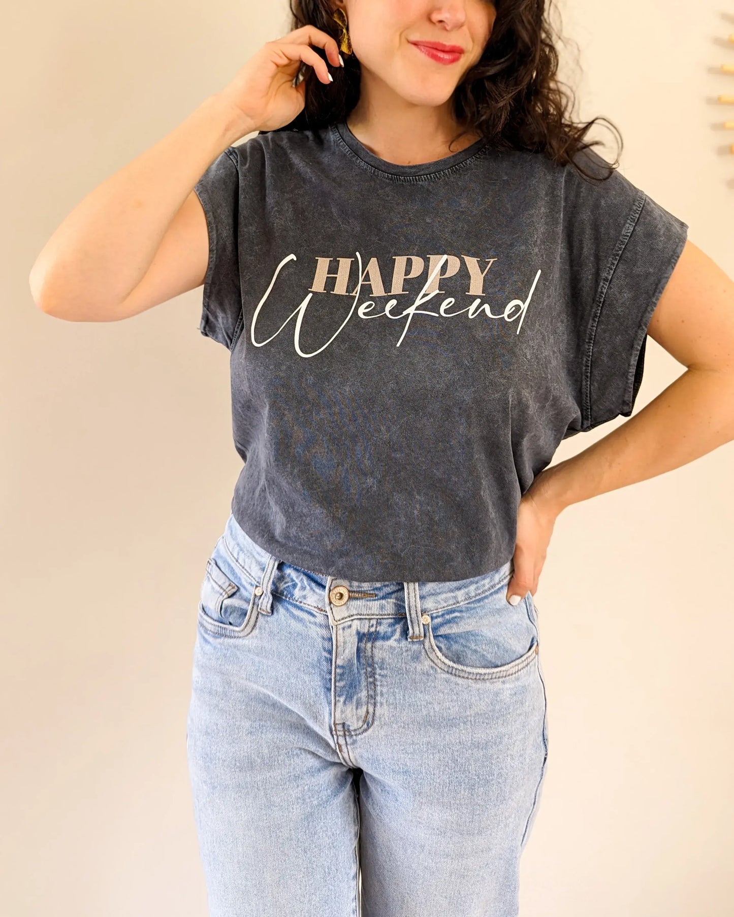 T-shirt gris - Happy weekend