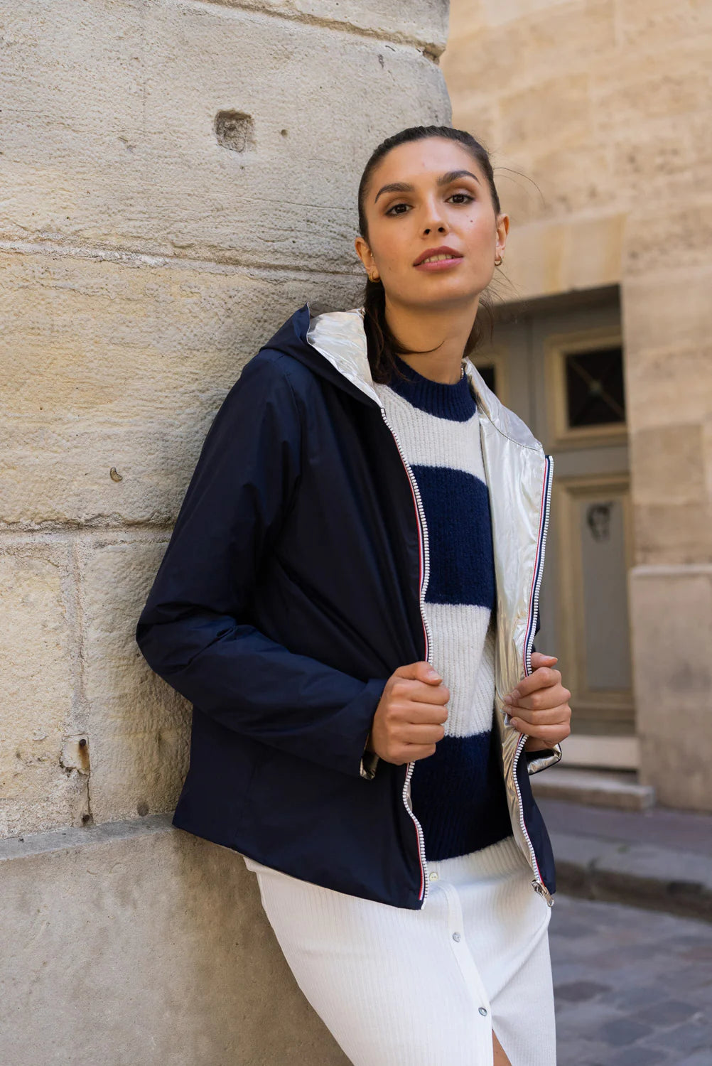 Imperméable réversible Laura Jo marine/dorée - Elena courte - DÉSTOCKAGE taille XL