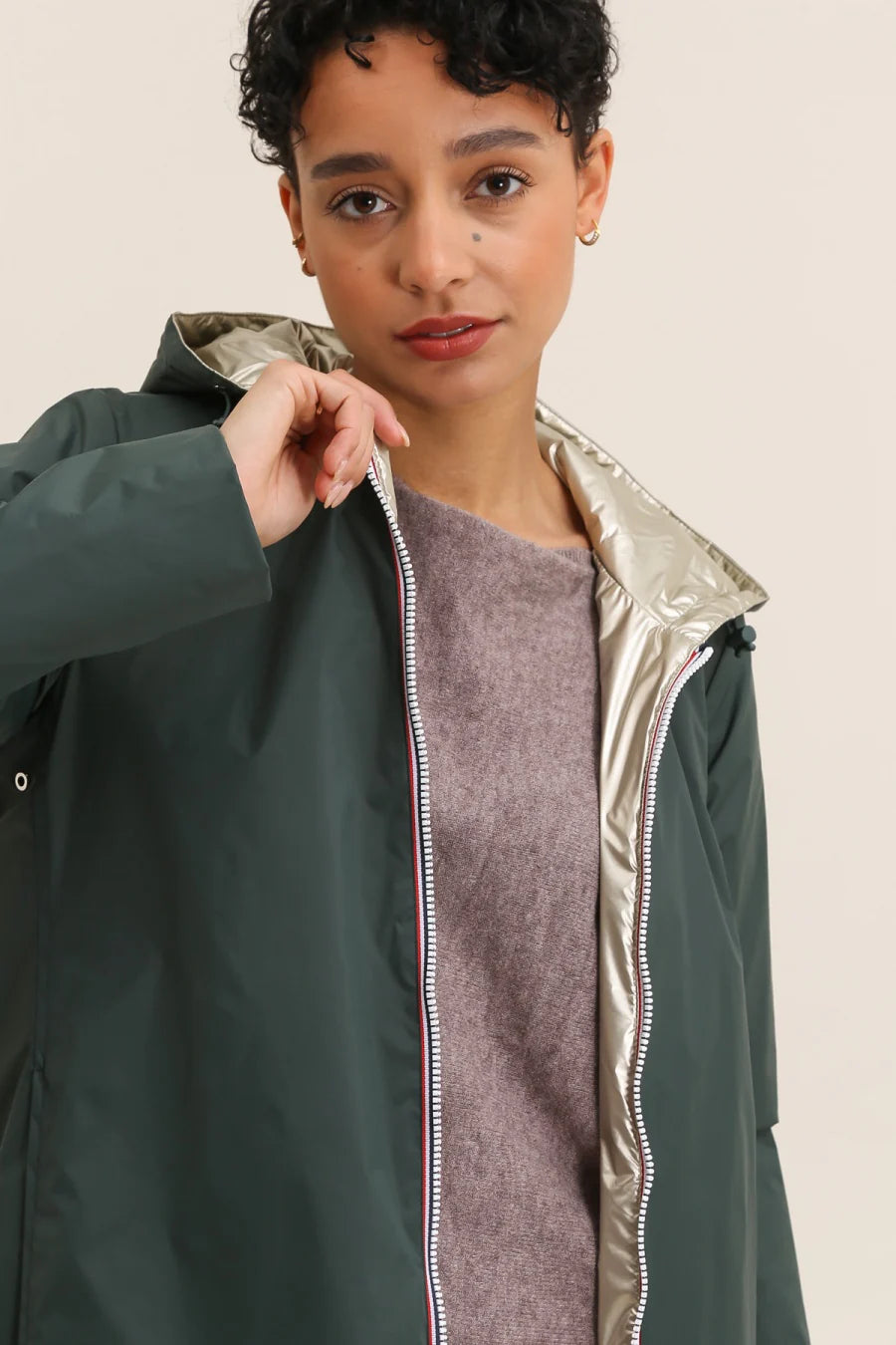 Imperméable rembourré mi-saison Laura Jo - Mandy long vert forêt/doré - DÉSTOCKAGE taille S