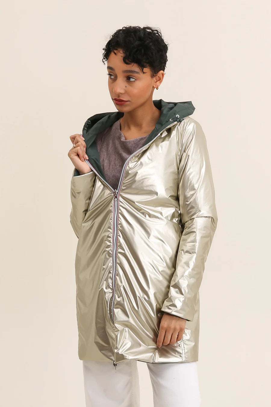 Imperméable rembourré mi-saison Laura Jo - Mandy long vert forêt/doré - DÉSTOCKAGE taille S