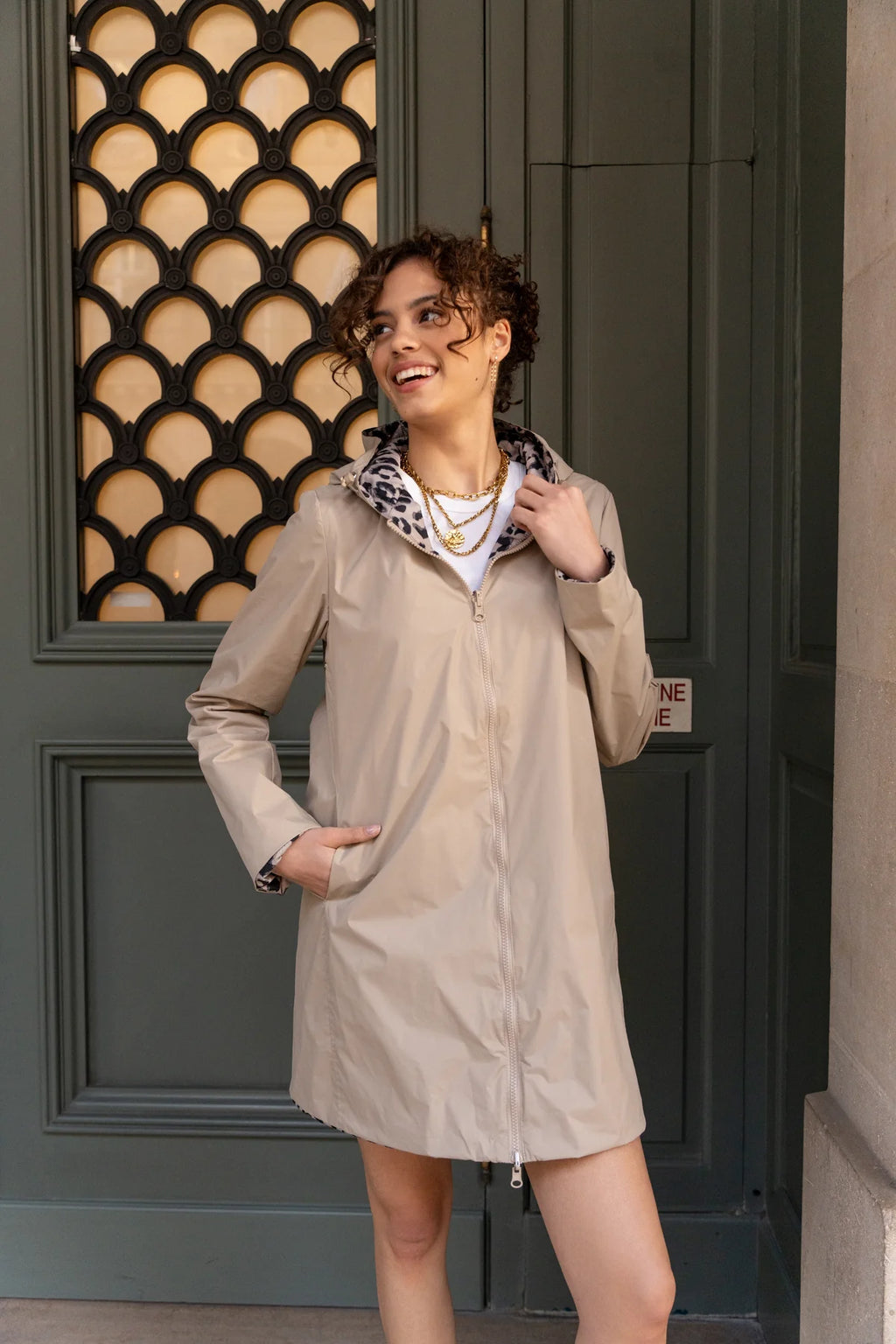 Imperméable rembourré mi-saison Laura Jo beige mat/léopard- Victoria long