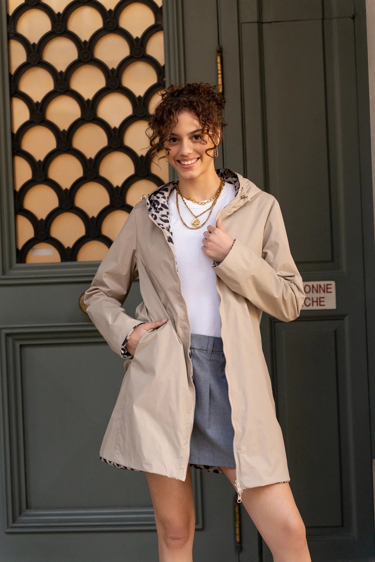 Imperméable rembourré mi-saison Laura Jo beige mat/léopard- Victoria long
