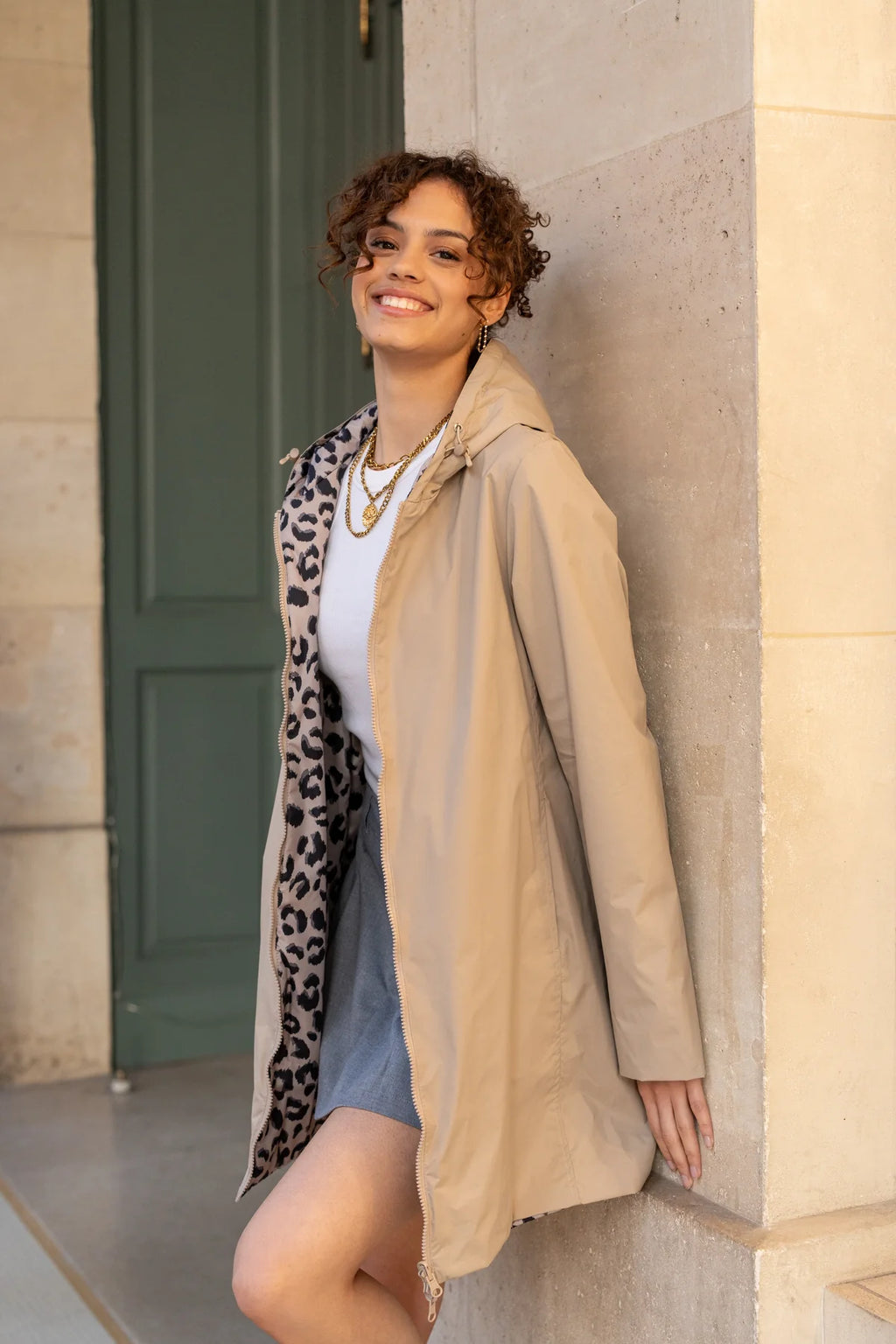 Imperméable rembourré mi-saison Laura Jo beige mat/léopard- Victoria long