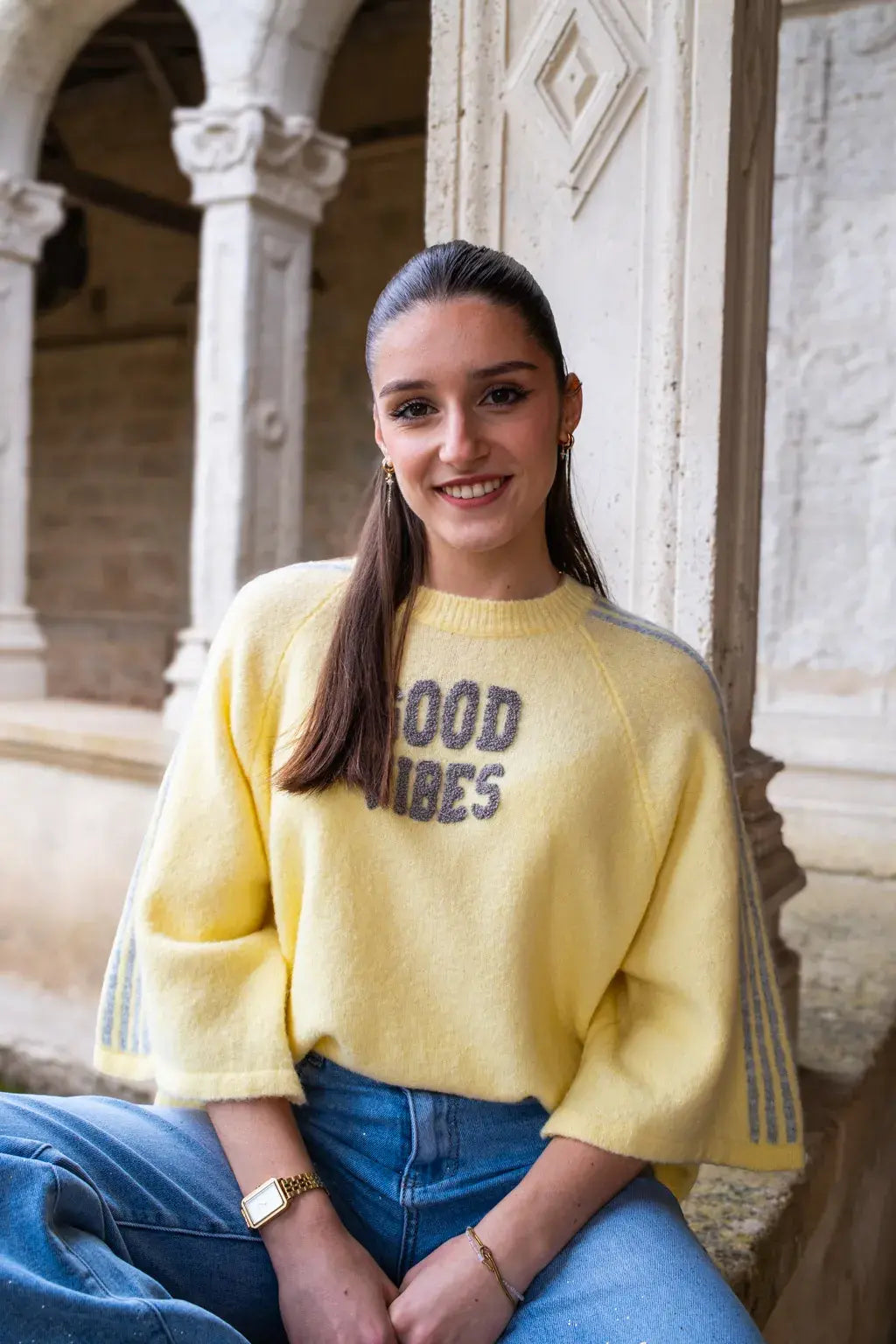 Pull Good vibes jaune