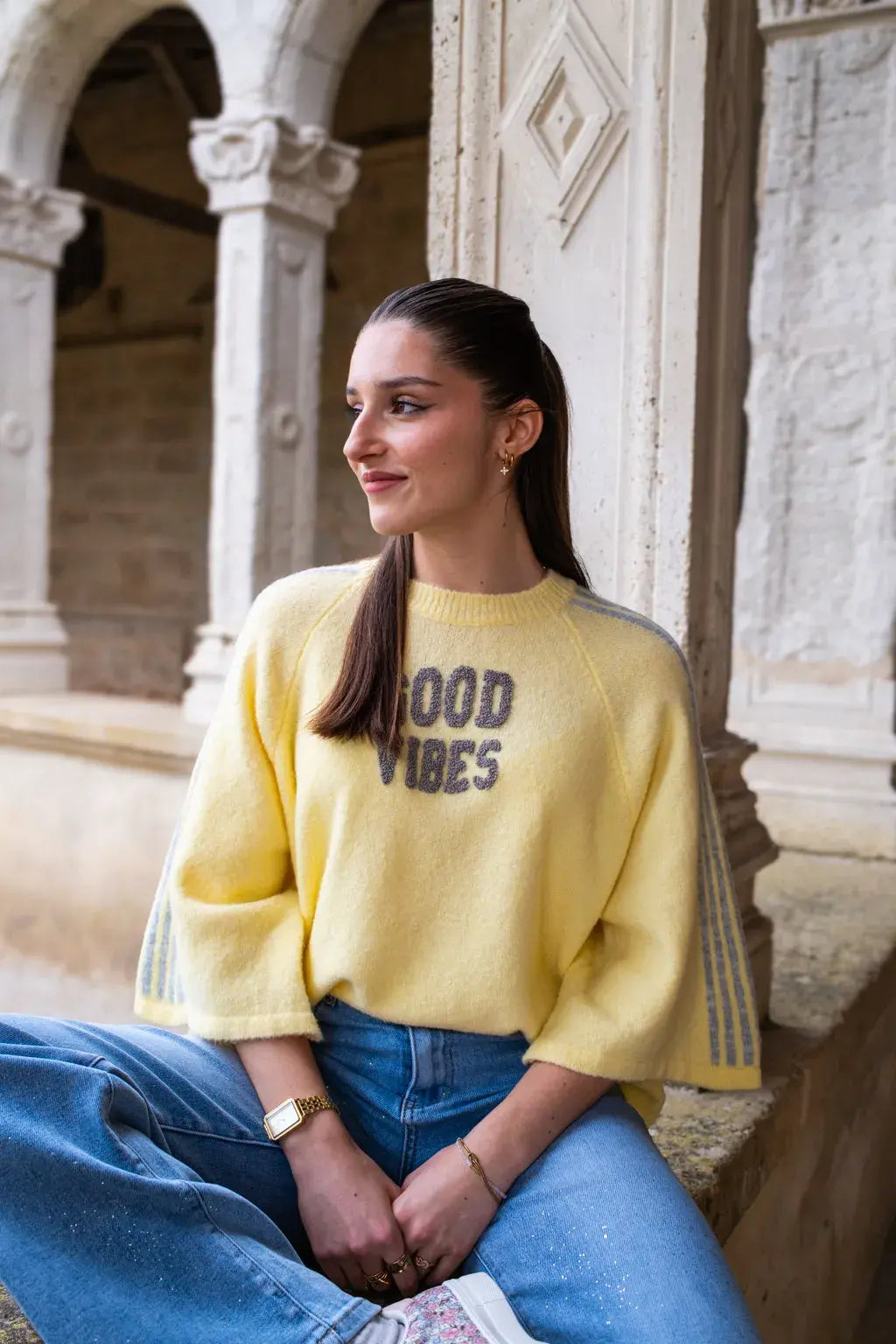 Pull Good vibes jaune