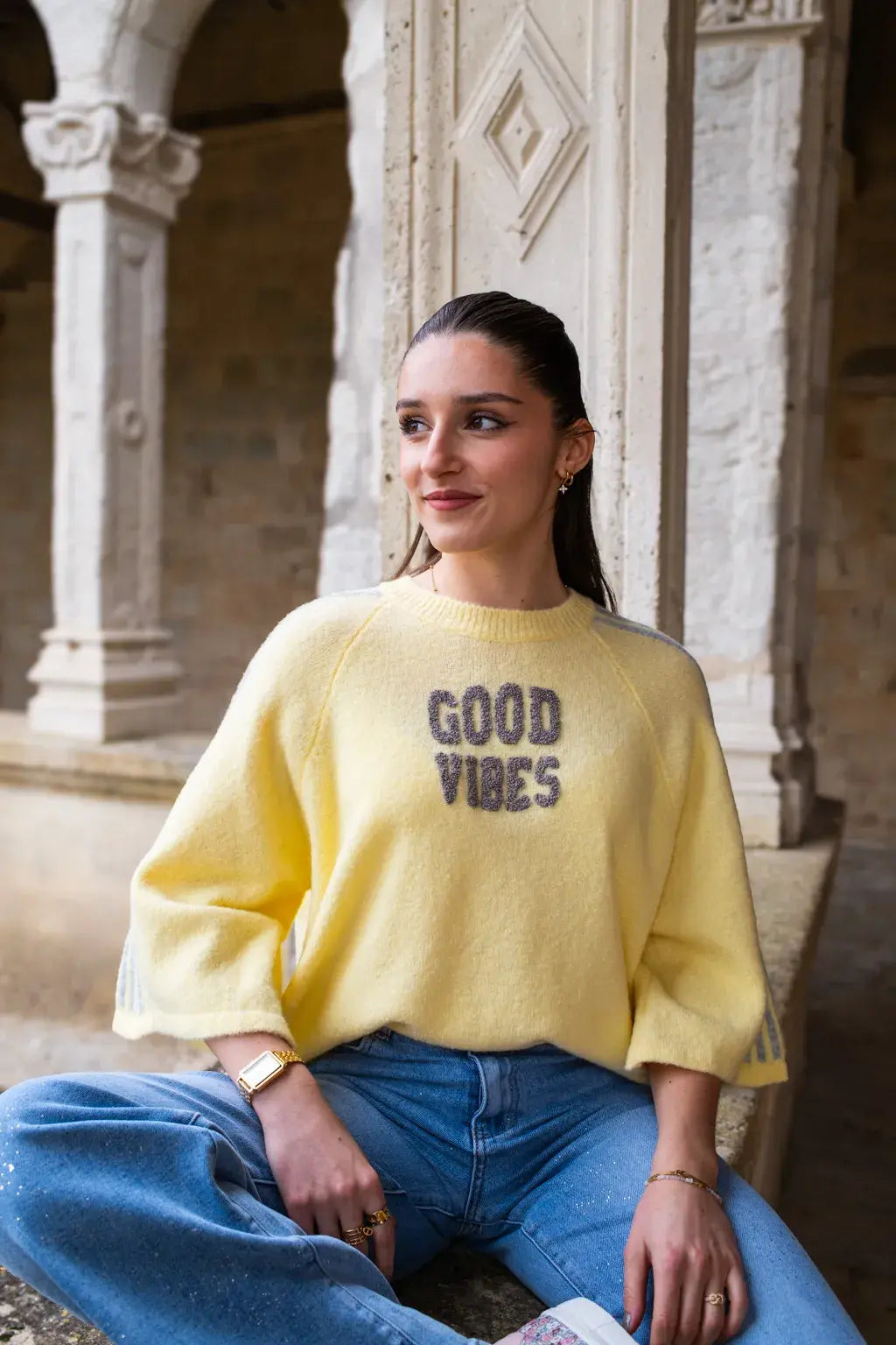 Pull Good vibes jaune