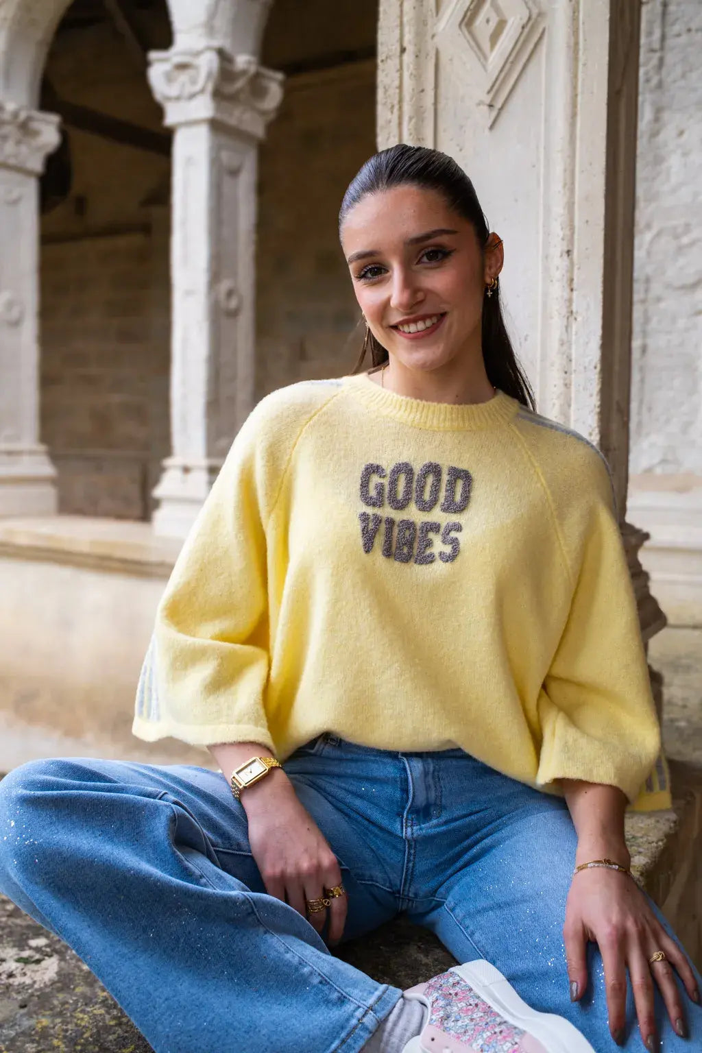 Pull Good vibes jaune