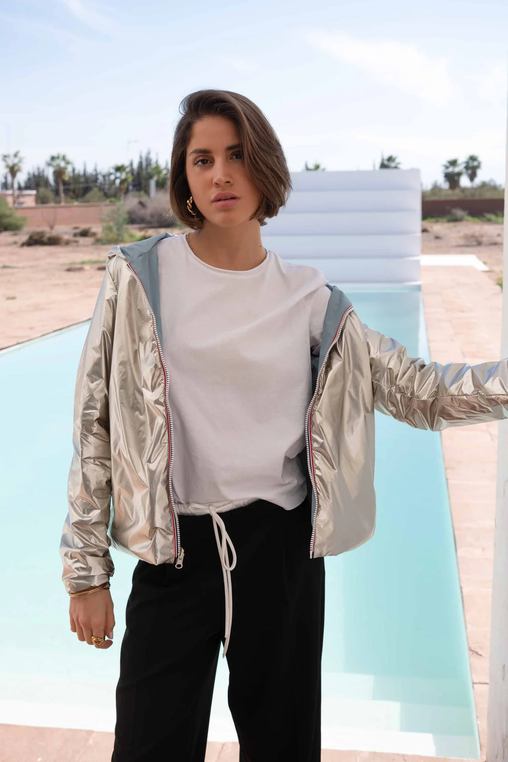 Imperméable rembourré mi-saison Laura Jo - Mandy court bleu ciel/doré - DÉSTOCKAGE taille S