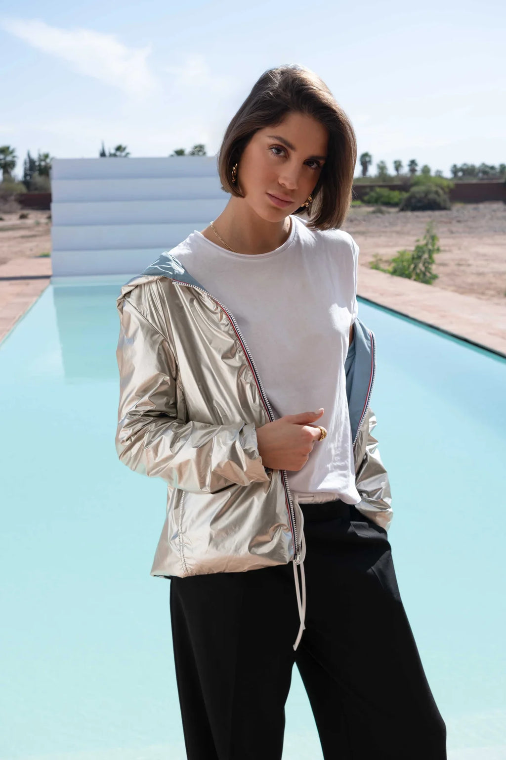 Imperméable rembourré mi-saison Laura Jo - Mandy court bleu ciel/doré - DÉSTOCKAGE taille S