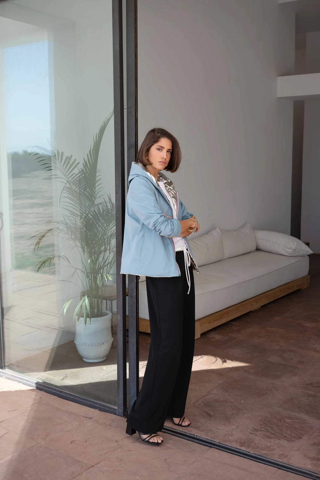 Imperméable rembourré mi-saison Laura Jo - Mandy court bleu ciel/doré - DÉSTOCKAGE taille S