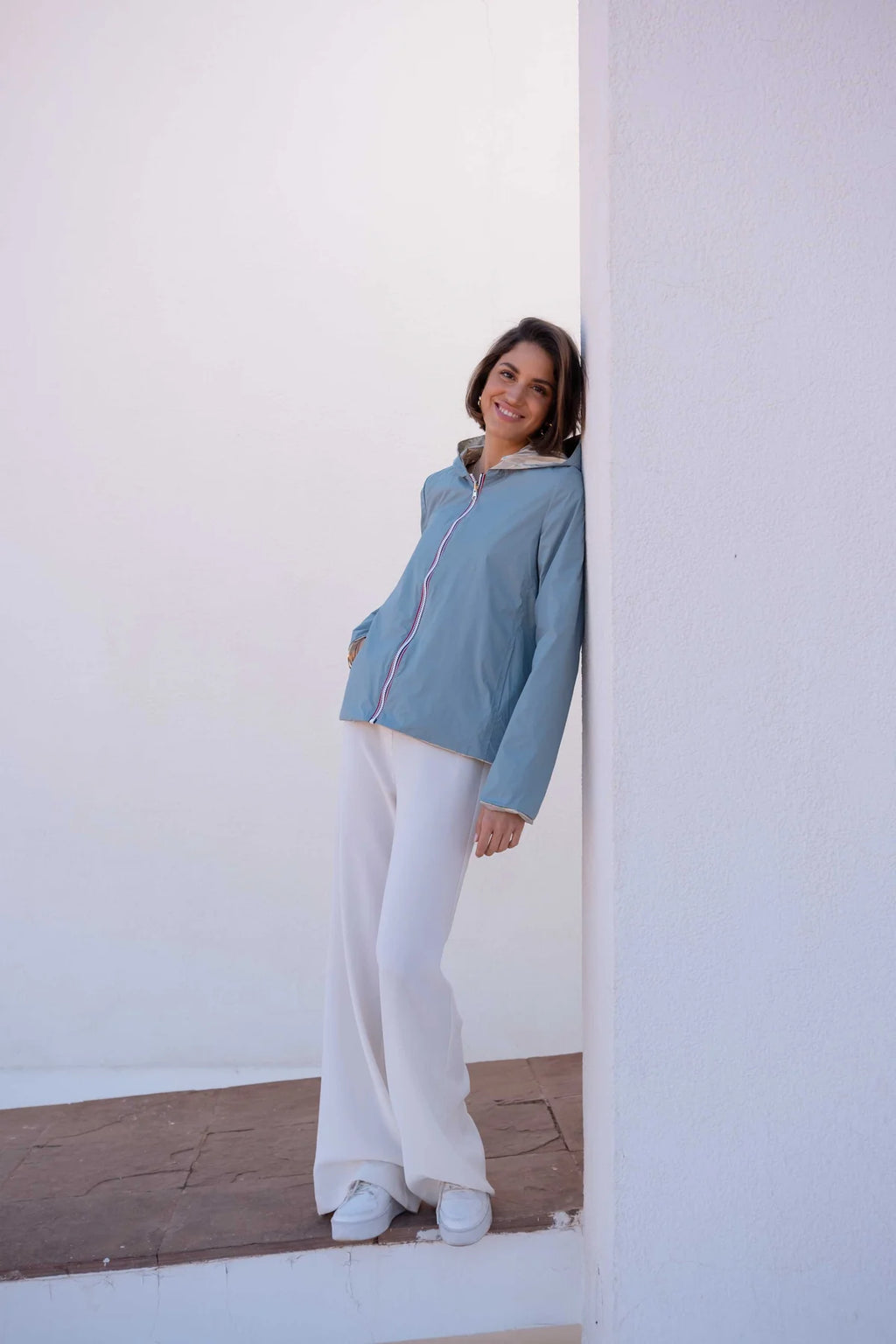 Imperméable réversible Laura Jo bleu ciel/dorée - Elena courte