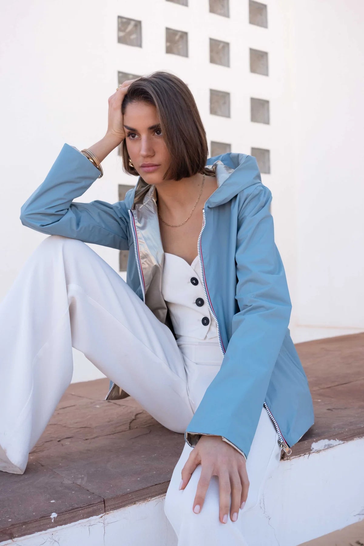 Imperméable réversible Laura Jo bleu ciel/dorée - Elena courte