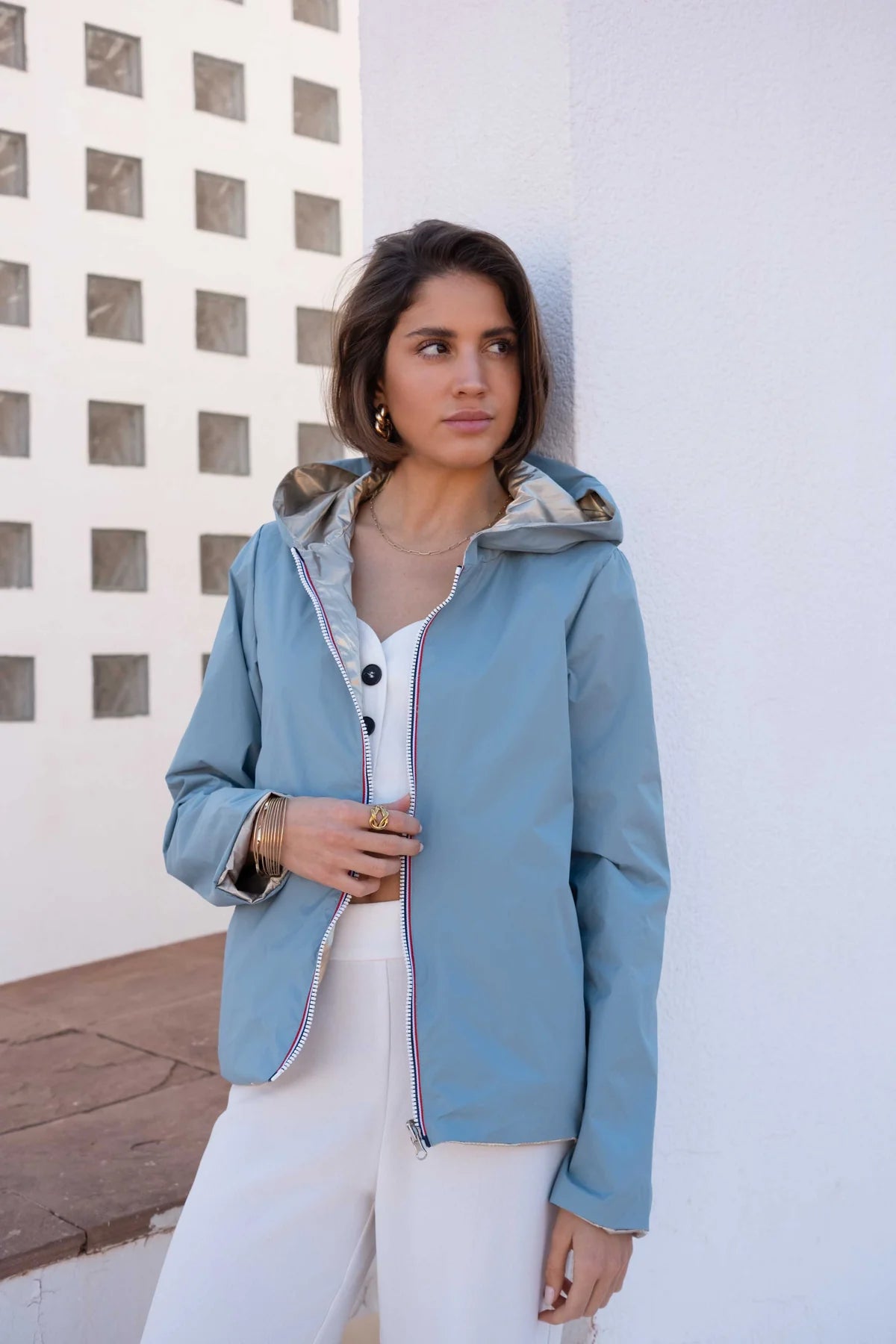 Imperméable réversible Laura Jo bleu ciel/dorée - Elena courte