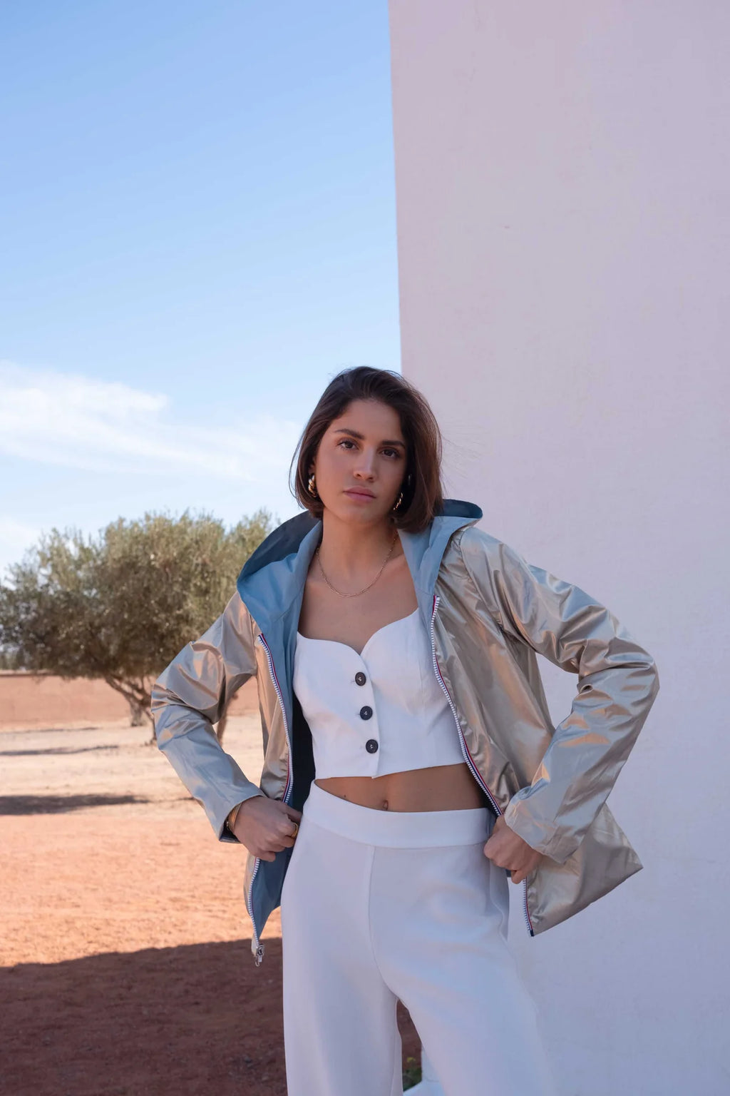 Imperméable réversible Laura Jo bleu ciel/dorée - Elena courte