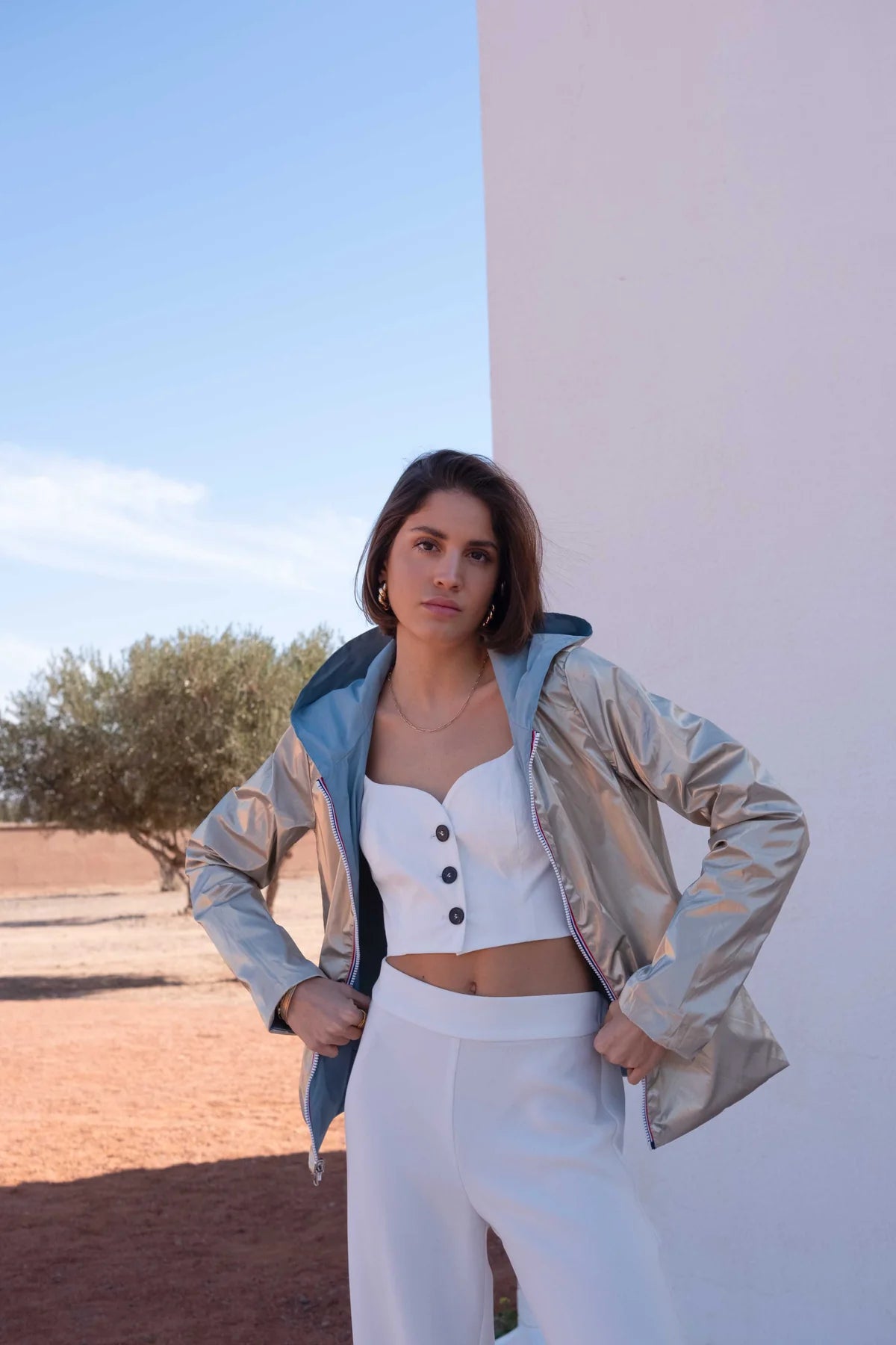 Imperméable réversible Laura Jo bleu ciel/dorée - Elena courte