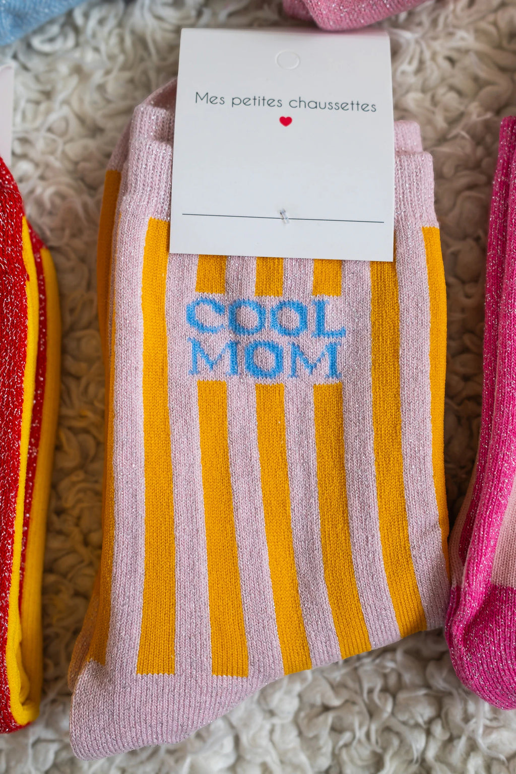 Chaussettes Cool mom à paillettes rose/jaune