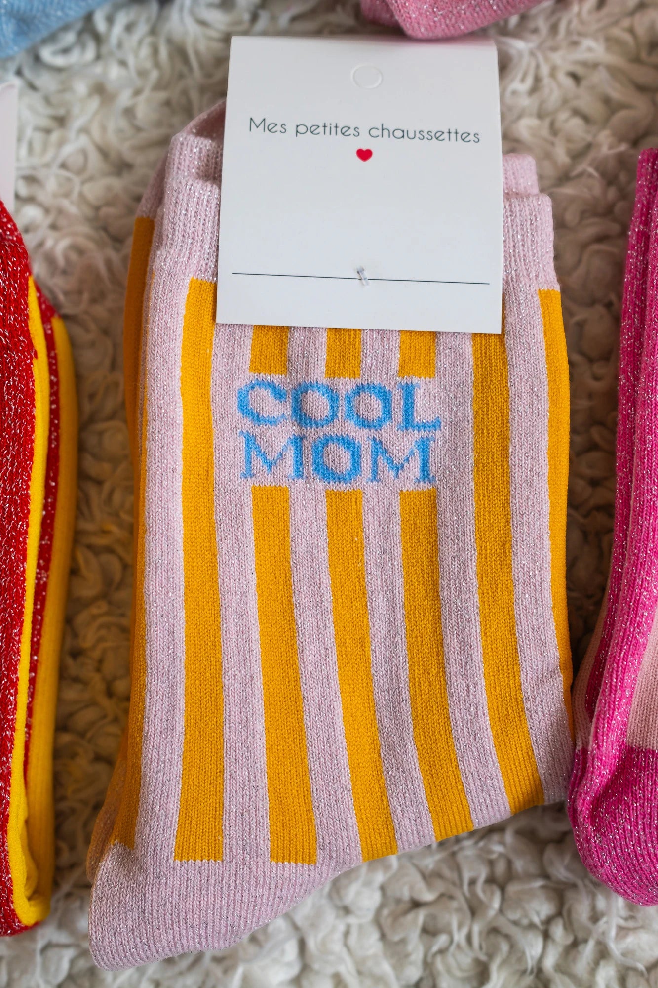 Chaussettes Cool mom à paillettes rose/jaune