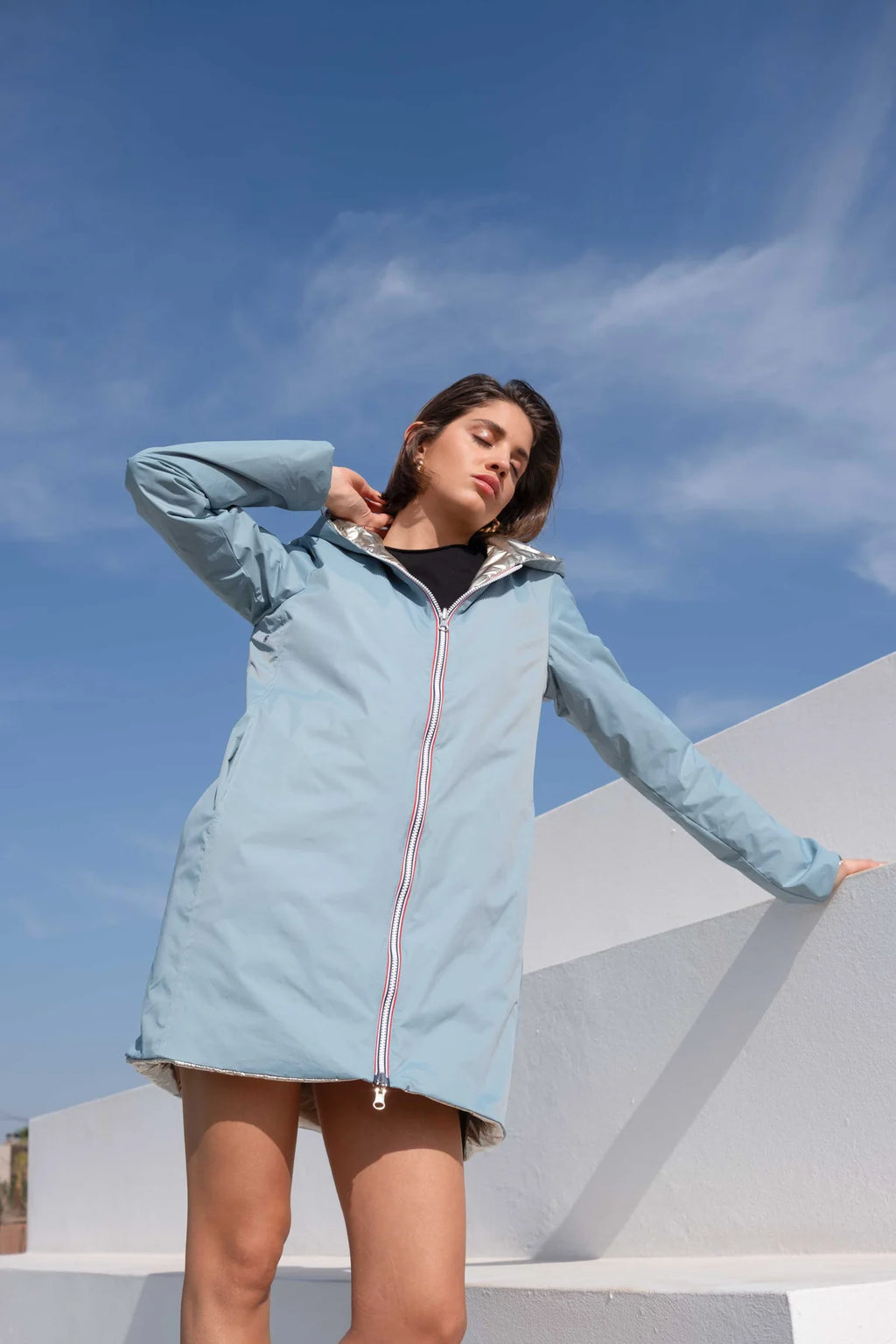 Imperméable rembourré mi-saison Laura Jo - Mandy long bleu ciel/doré - DÉSTOCKAGE taille XL