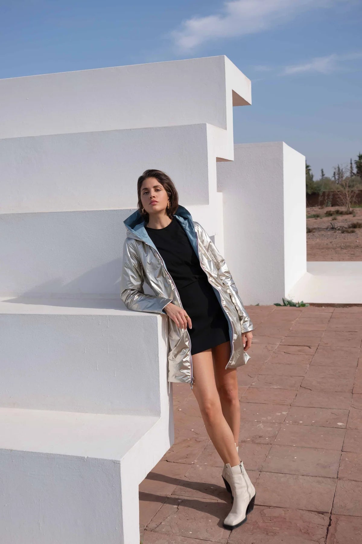 Imperméable rembourré mi-saison Laura Jo - Mandy long bleu ciel/doré