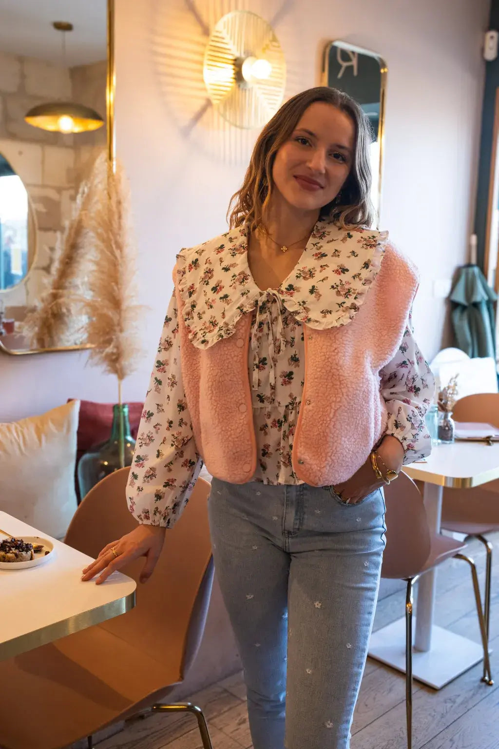 Gilet moumoute Elise rose poudré