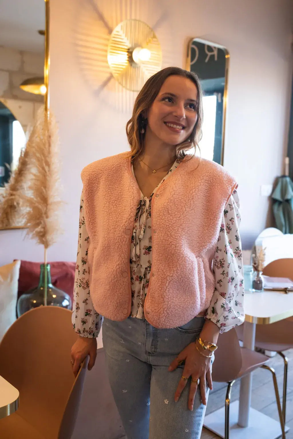 Gilet moumoute Elise rose poudré
